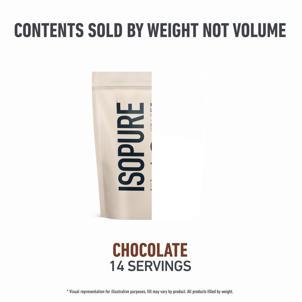 Isopure bolsa 1 lb con cierre mostrando tamaño práctico y conservación