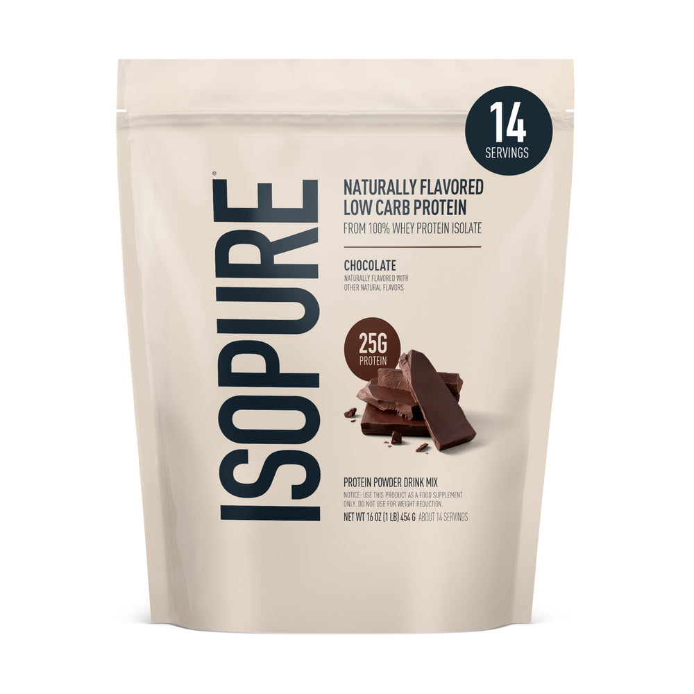 Isopure bolsa frontal sabor chocolate oscuro mostrando diseño y beneficios