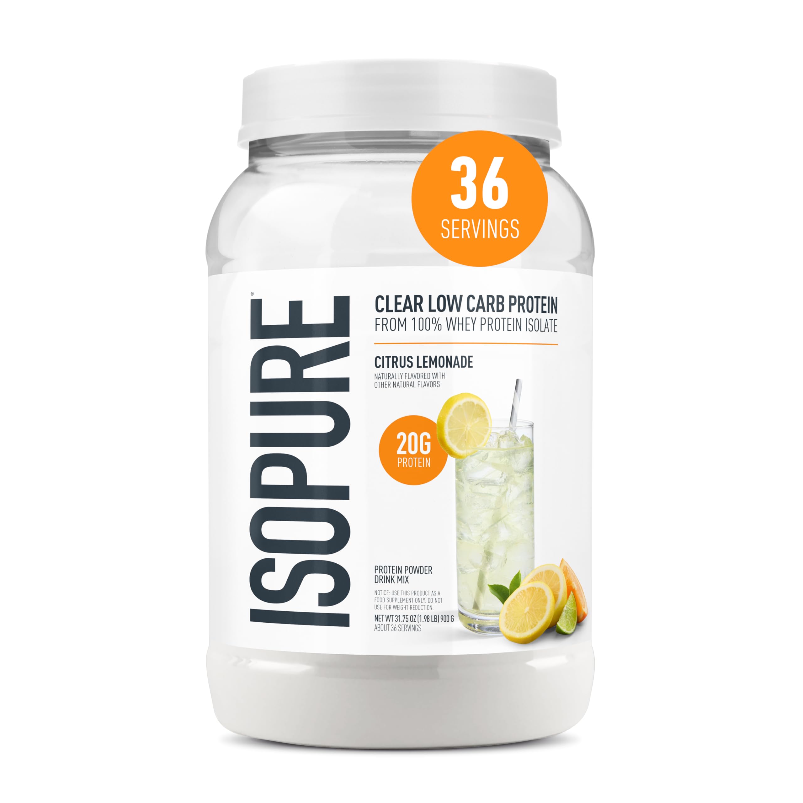 Isopure envase frontal mostrando sabor citrus lemonade y proteína clara