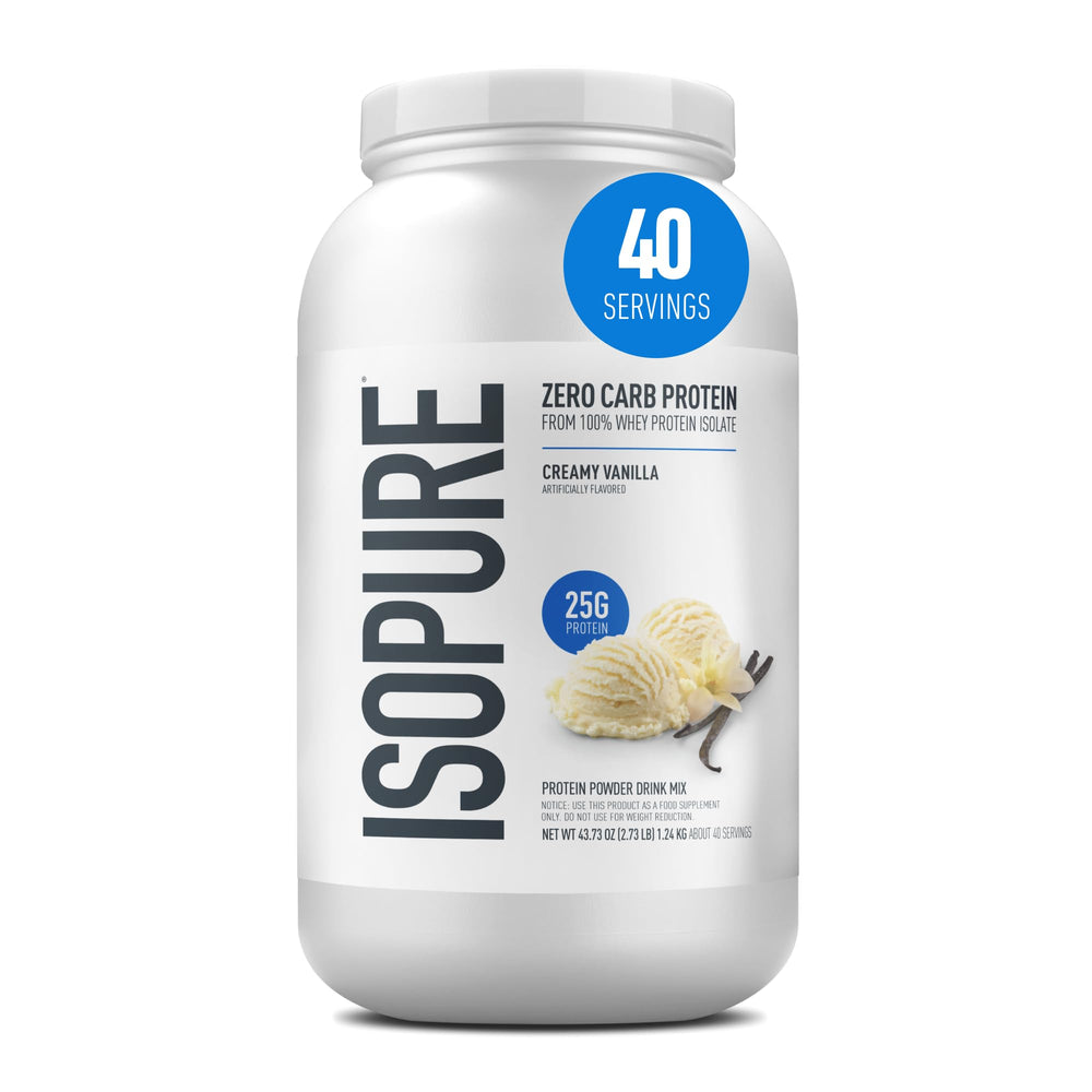 Isopure frente del envase crema vainilla mostrando diseño y facilidad de uso