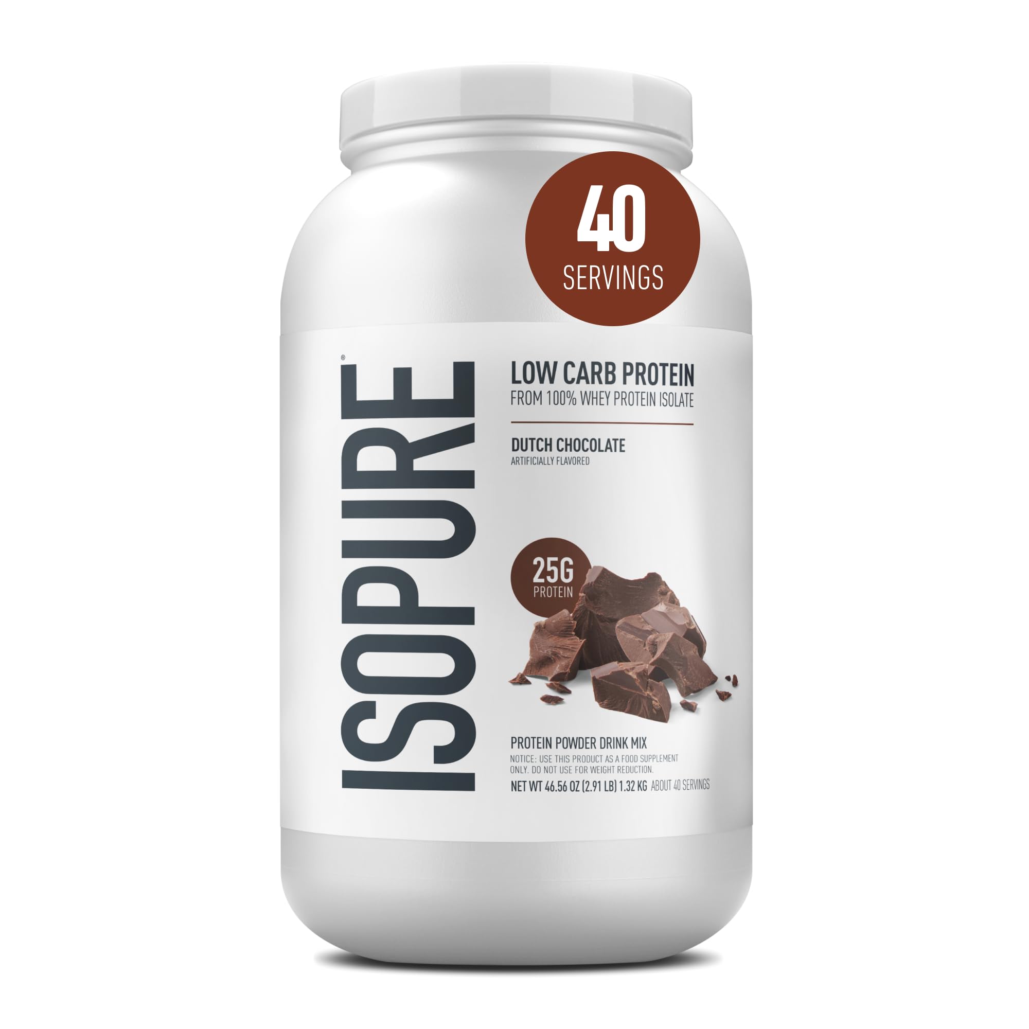Isopure envase frontal Dutch Chocolate mostrando etiqueta y beneficio proteico