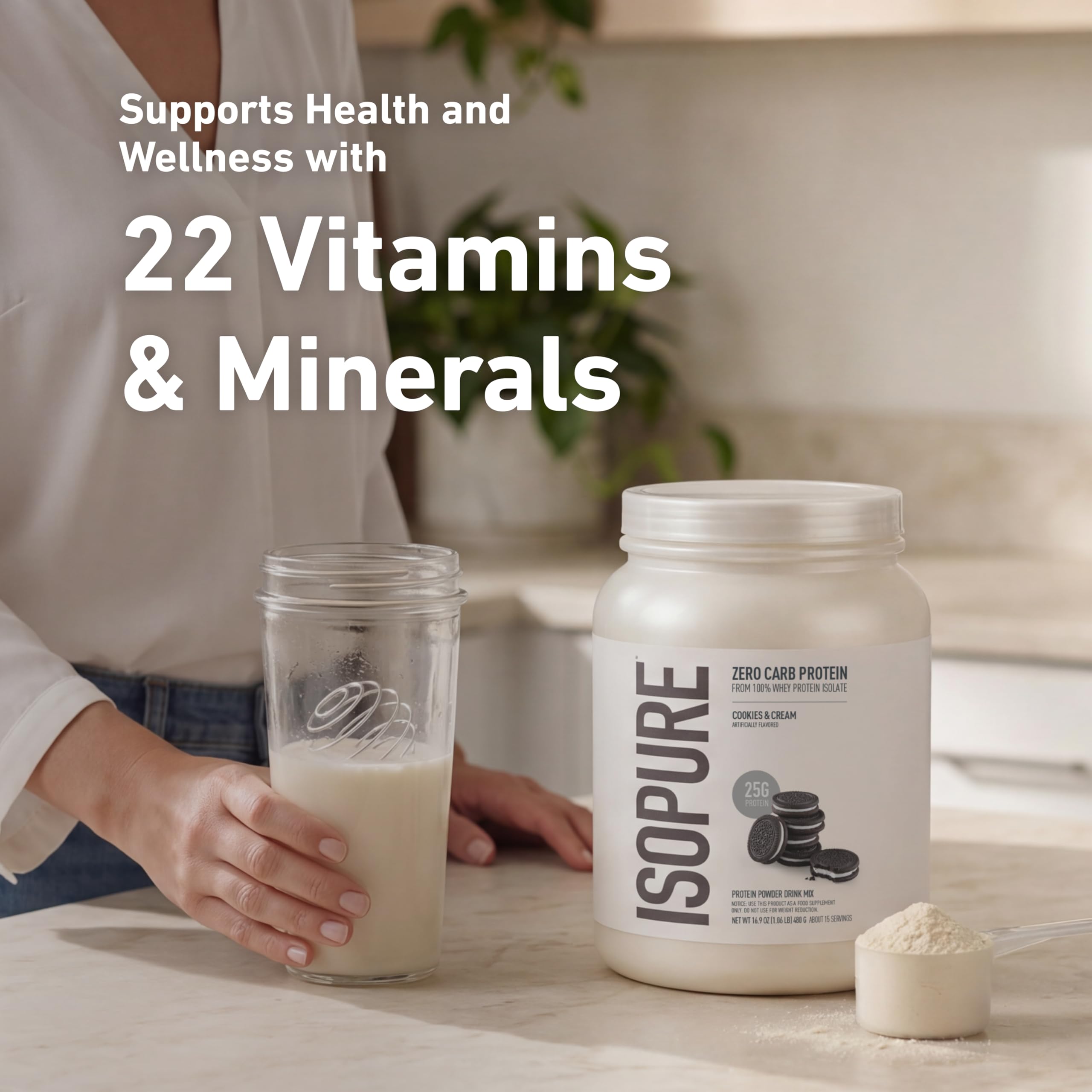 Lateral del envase Isopure con información nutricional clara y beneficios