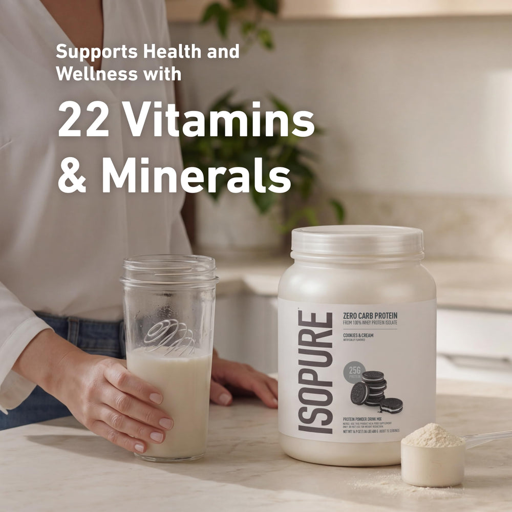 Lateral del envase Isopure con información nutricional clara y beneficios