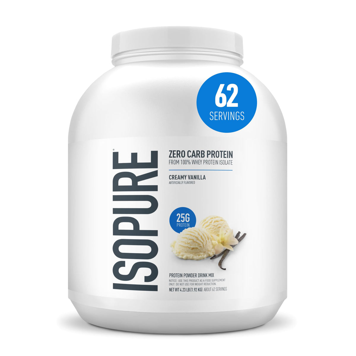 Isopure frasco frontal crema vainilla mostrando etiqueta y beneficio de proteína clara
