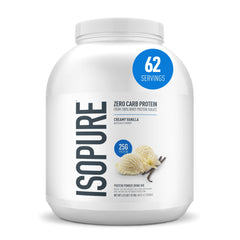 Isopure frasco frontal crema vainilla mostrando etiqueta y beneficio de proteína clara