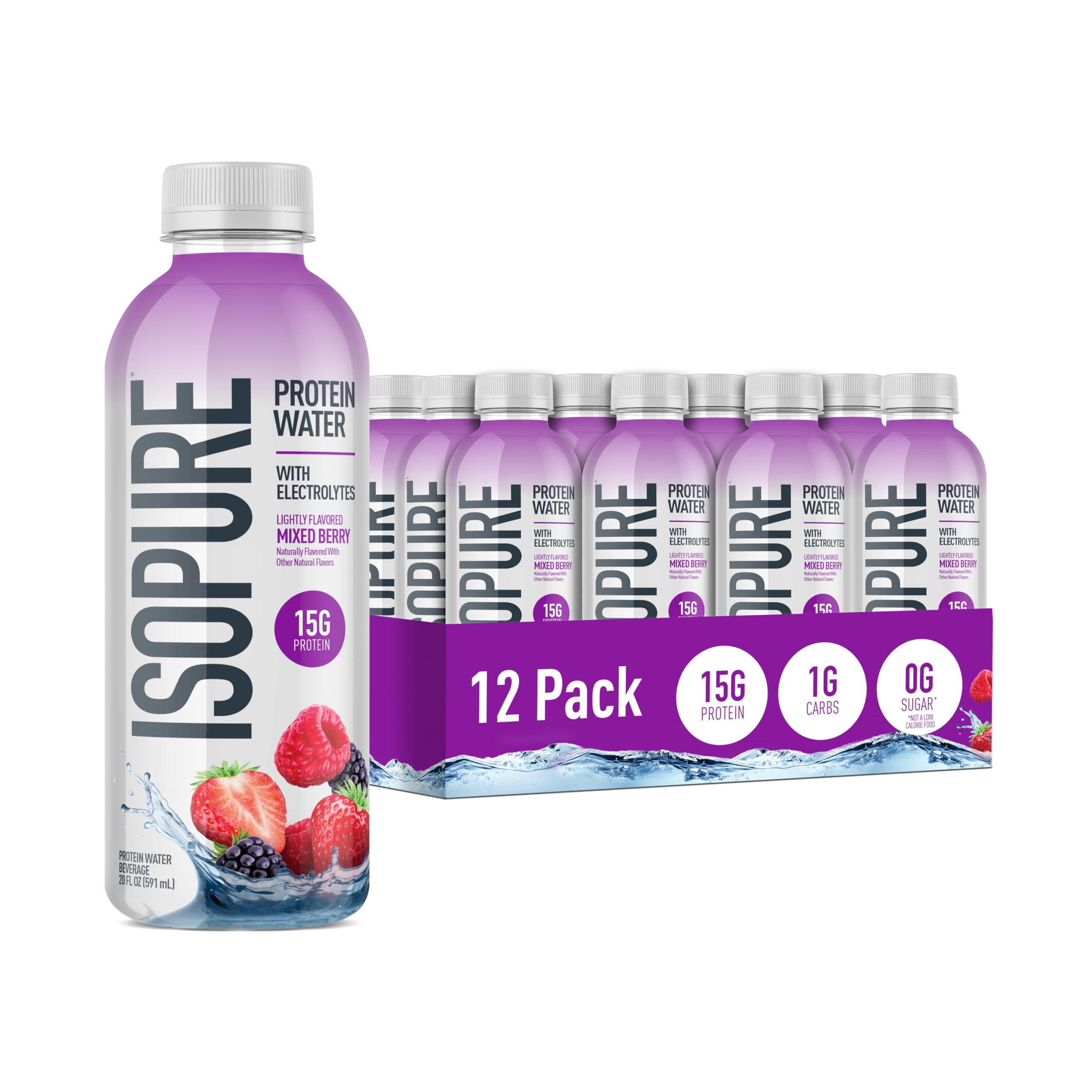 Isopure frente de botella Mixed Berry mostrando formato y frescura