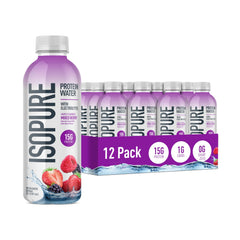 Isopure frente de botella Mixed Berry mostrando formato y frescura