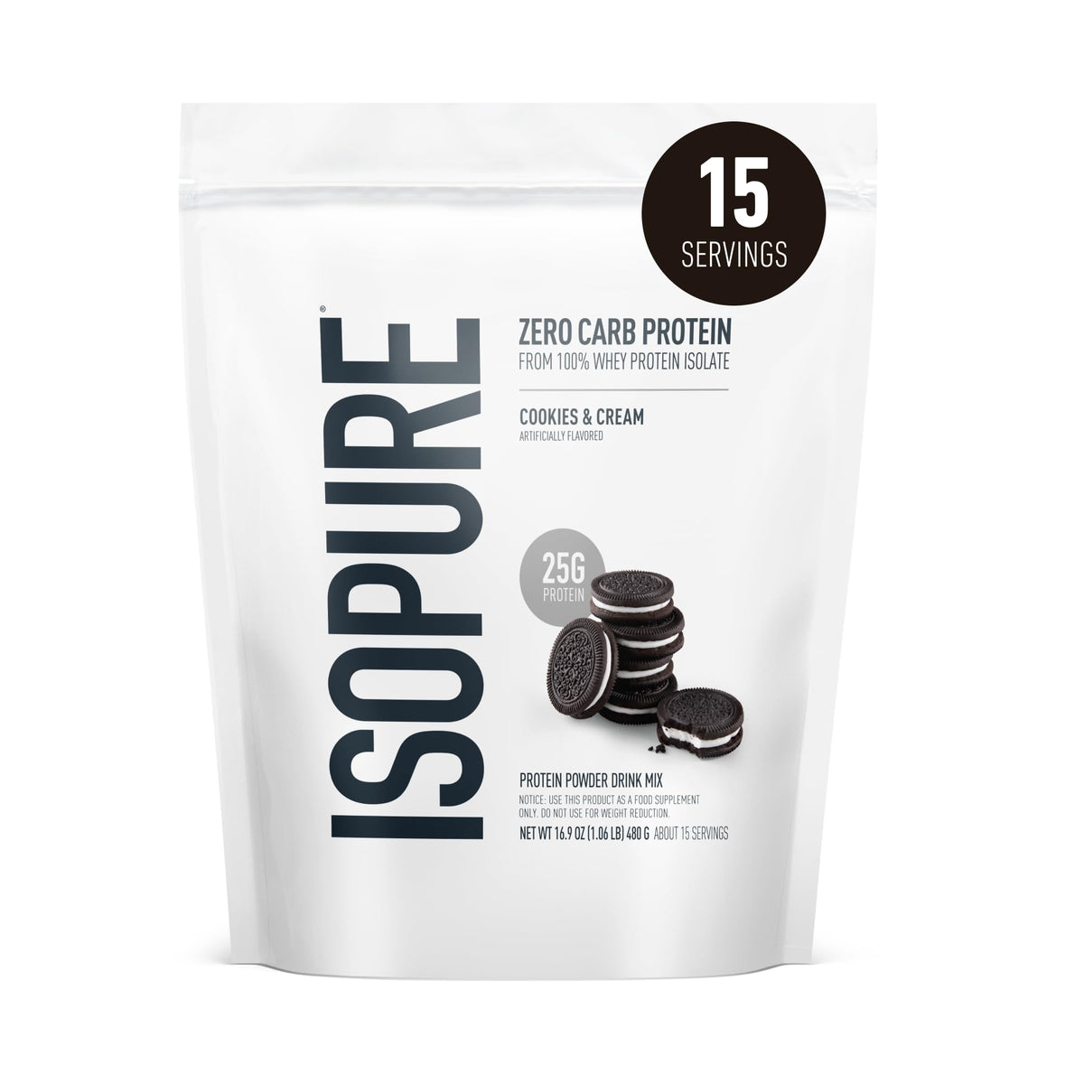Isopure envase frontal Cookies & Cream mostrando marca y sabor apetecible