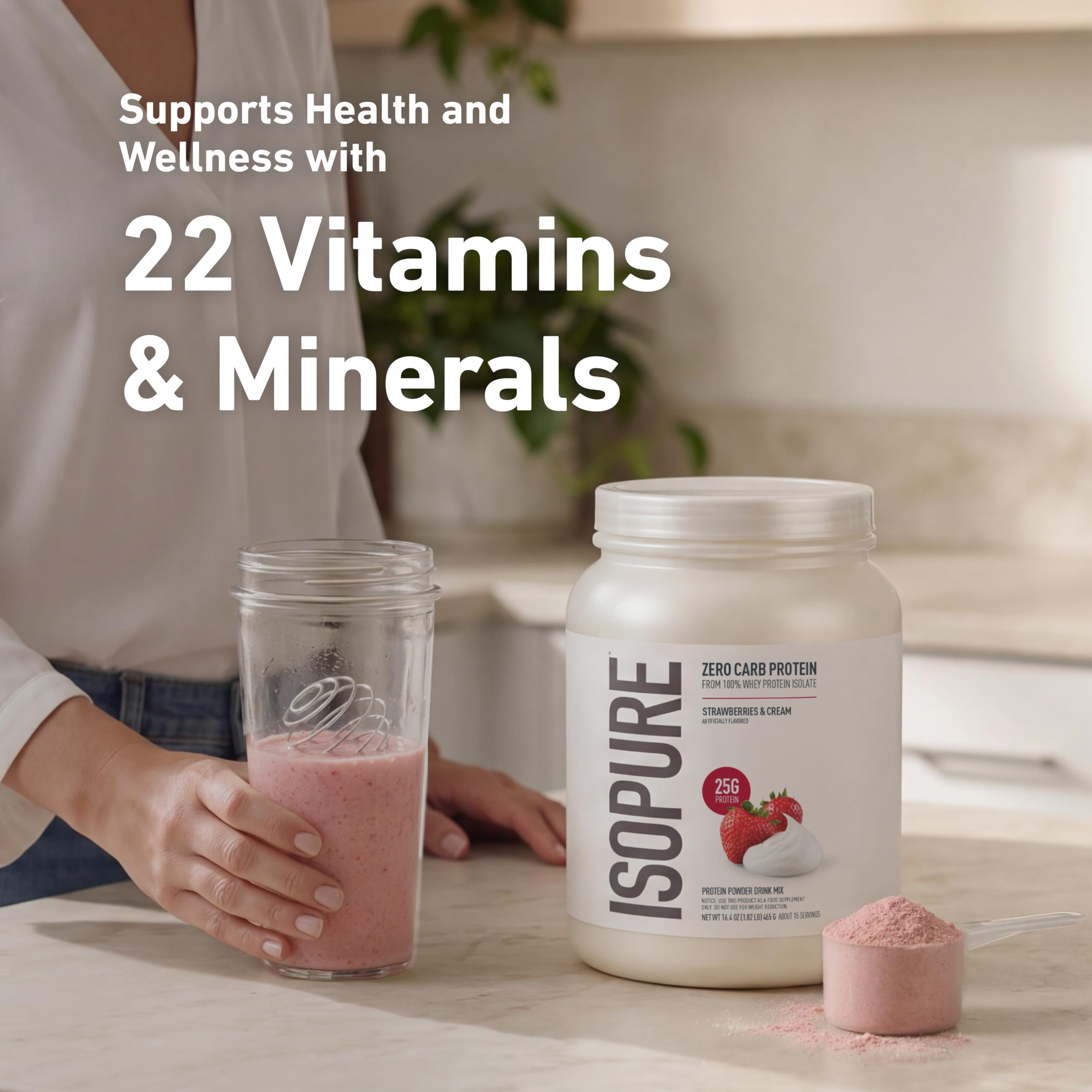 Isopure etiqueta nutricional destacando 20 vitaminas, electrolitos y cero azúcar