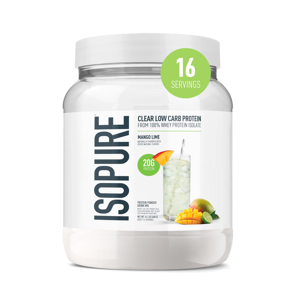 Isopure frente del empaque Mango Lime mostrando diseño y tamaño del envase