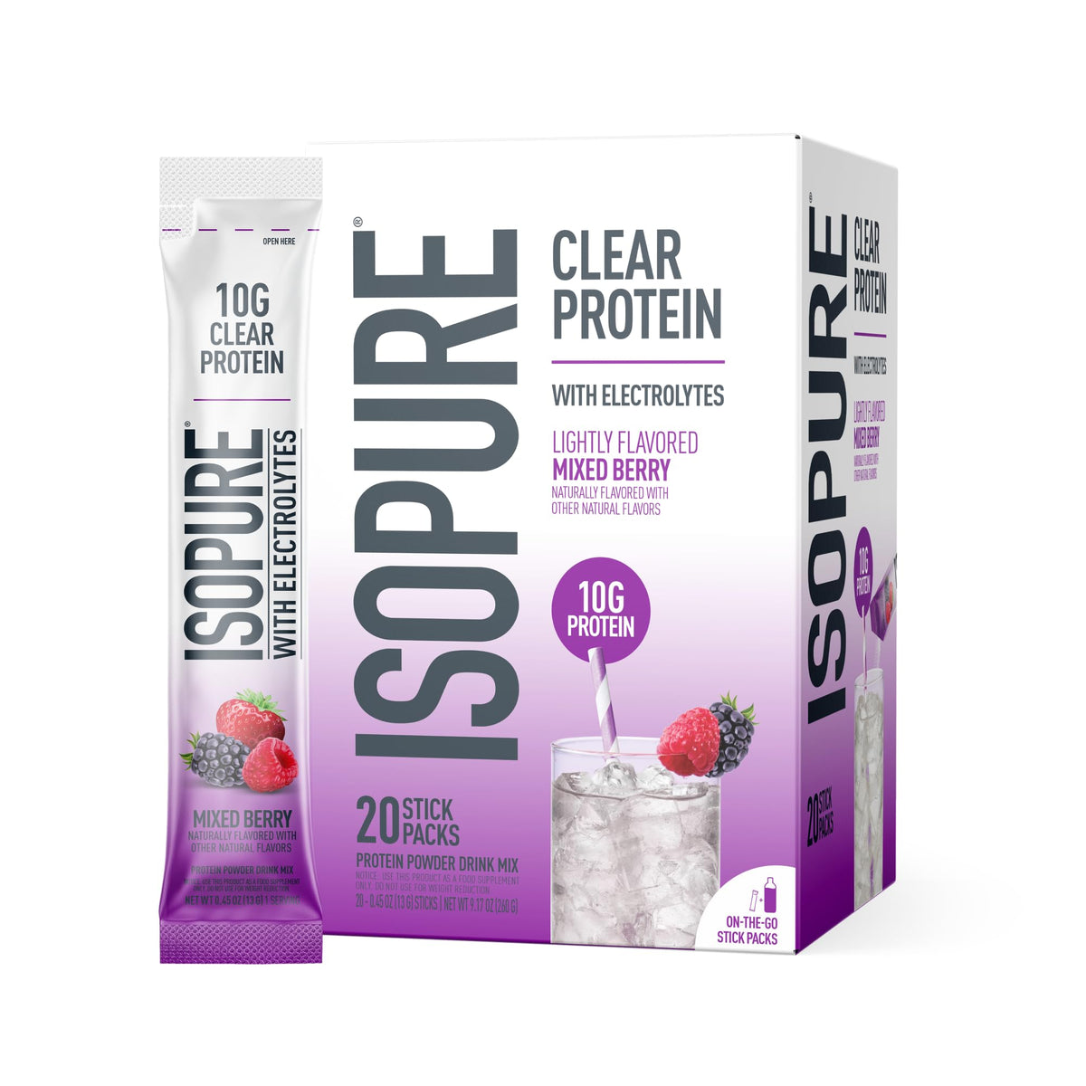 Isopure paquete frontal muestra sobres y beneficio conveniencia
