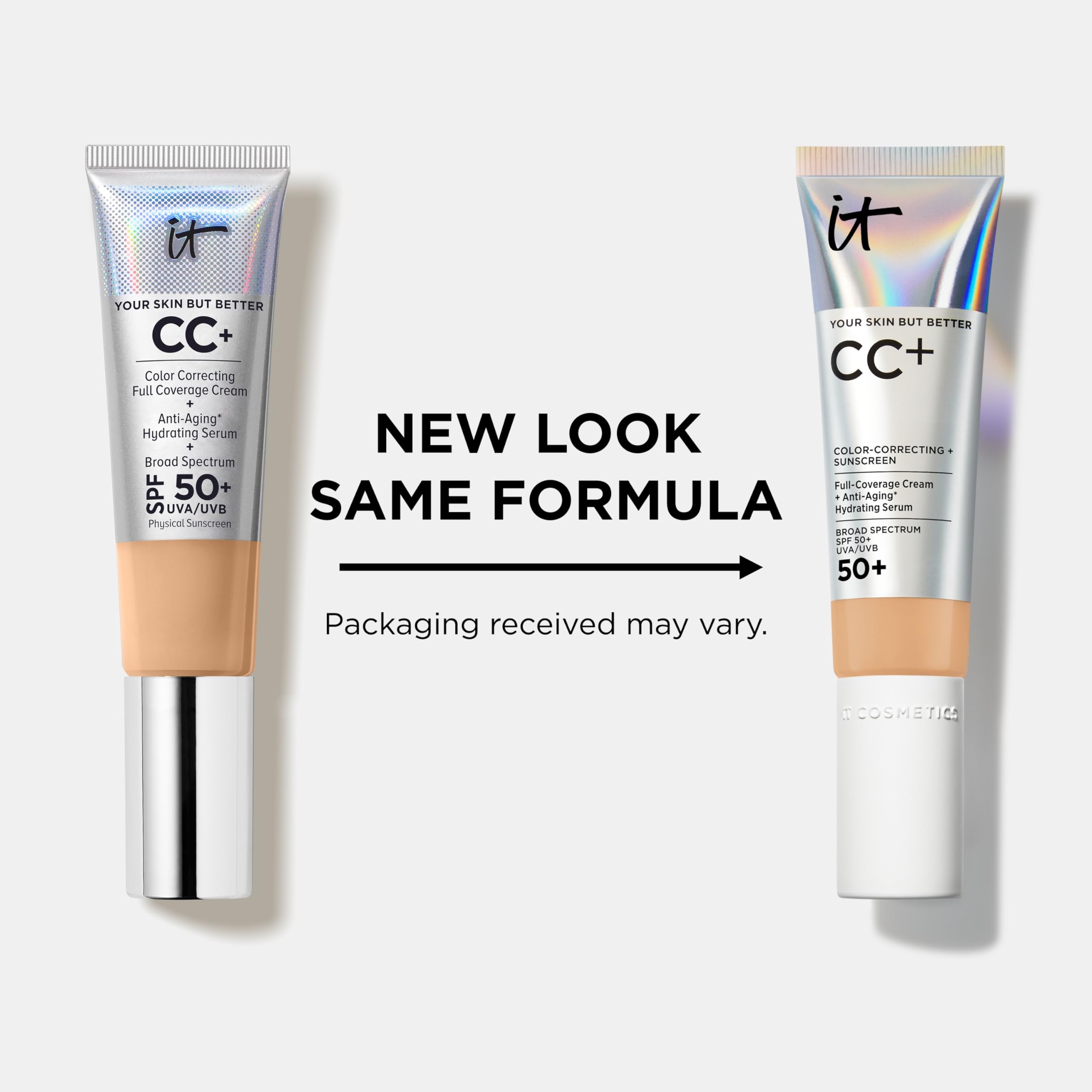 IT Cosmetics CC+ Cream Light dentro de un bolso de rutina mostrando portabilidad
