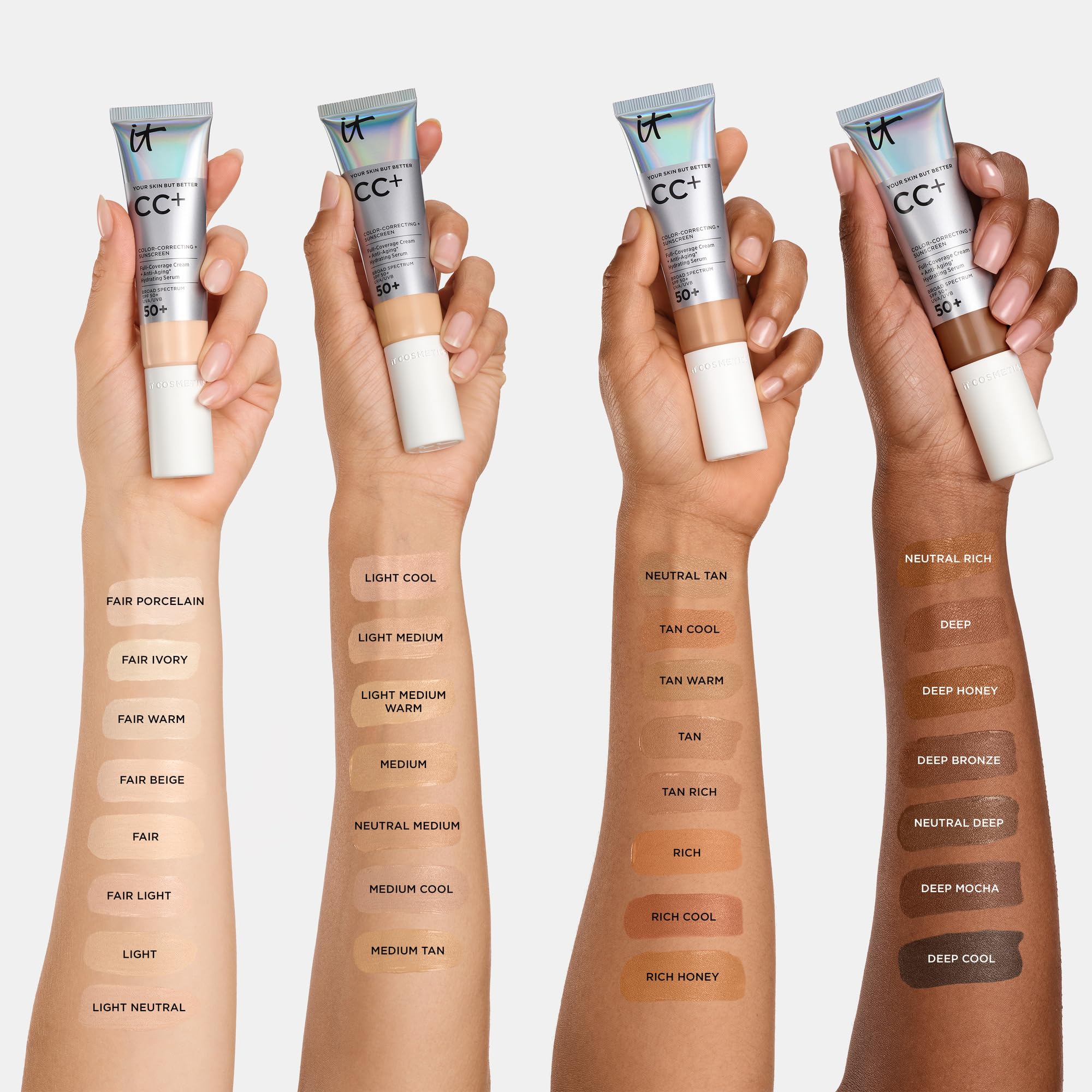 IT Cosmetics producto 1.08 fl oz junto a objeto cotidiano para comparación de tamaño