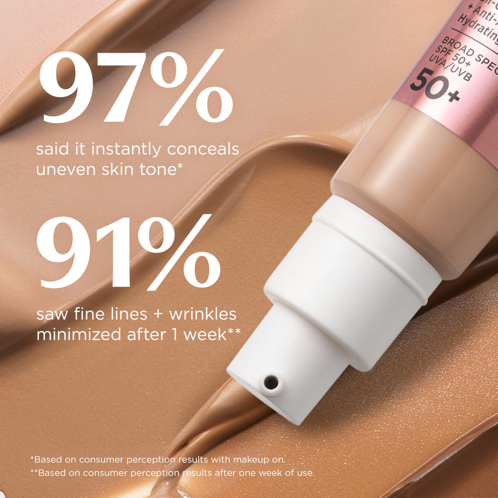 IT Cosmetics acabado luminoso en piel primer plano, aspecto radiante y natural