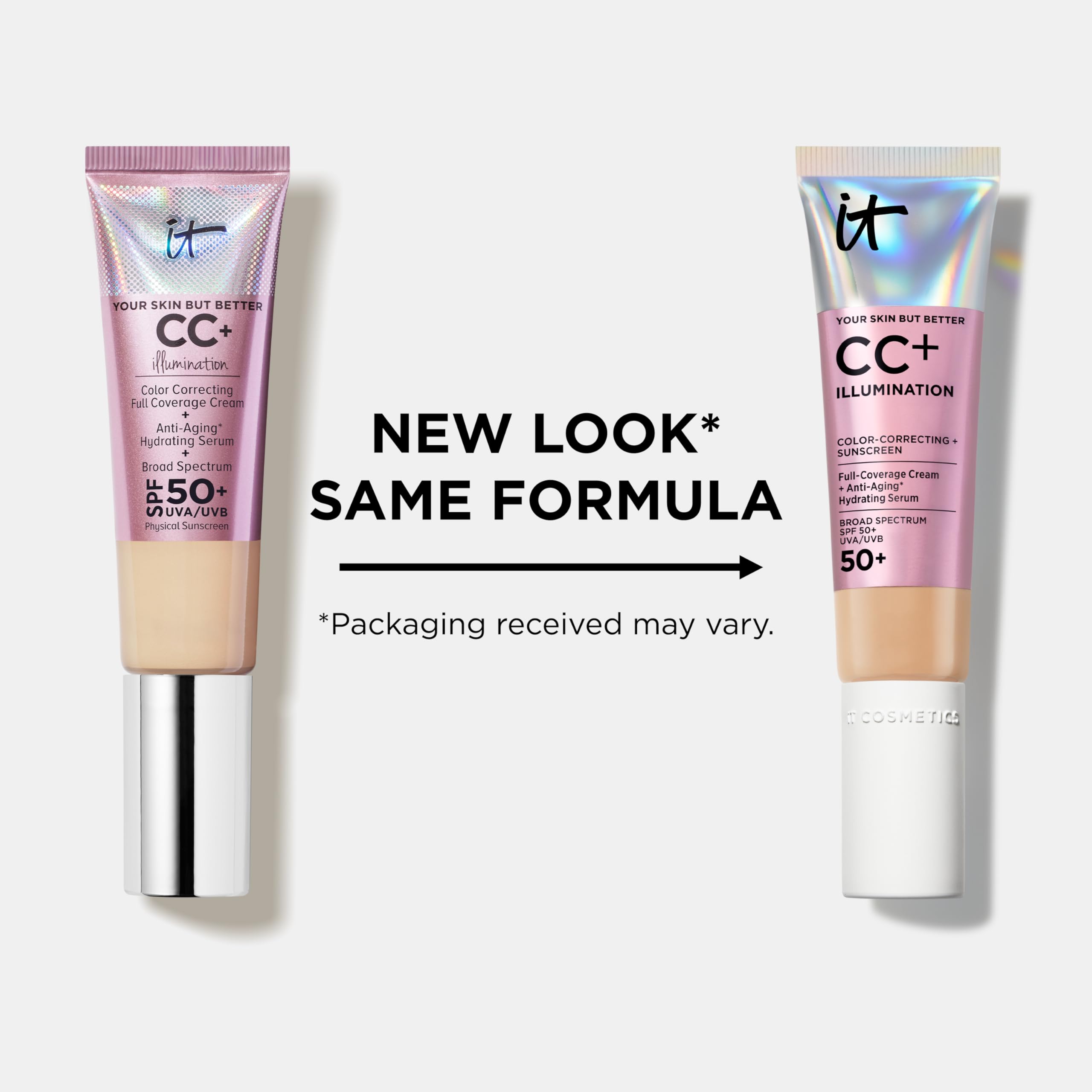 IT Cosmetics envase en mano para comparar tamaño, práctico para llevar a diario