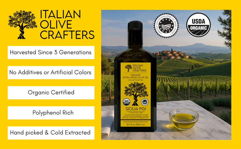 Italian Olive Crafters etiqueta cercana que destaca orgánico y polifenoles