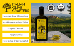Italian Olive Crafters etiqueta cercana que destaca orgánico y polifenoles