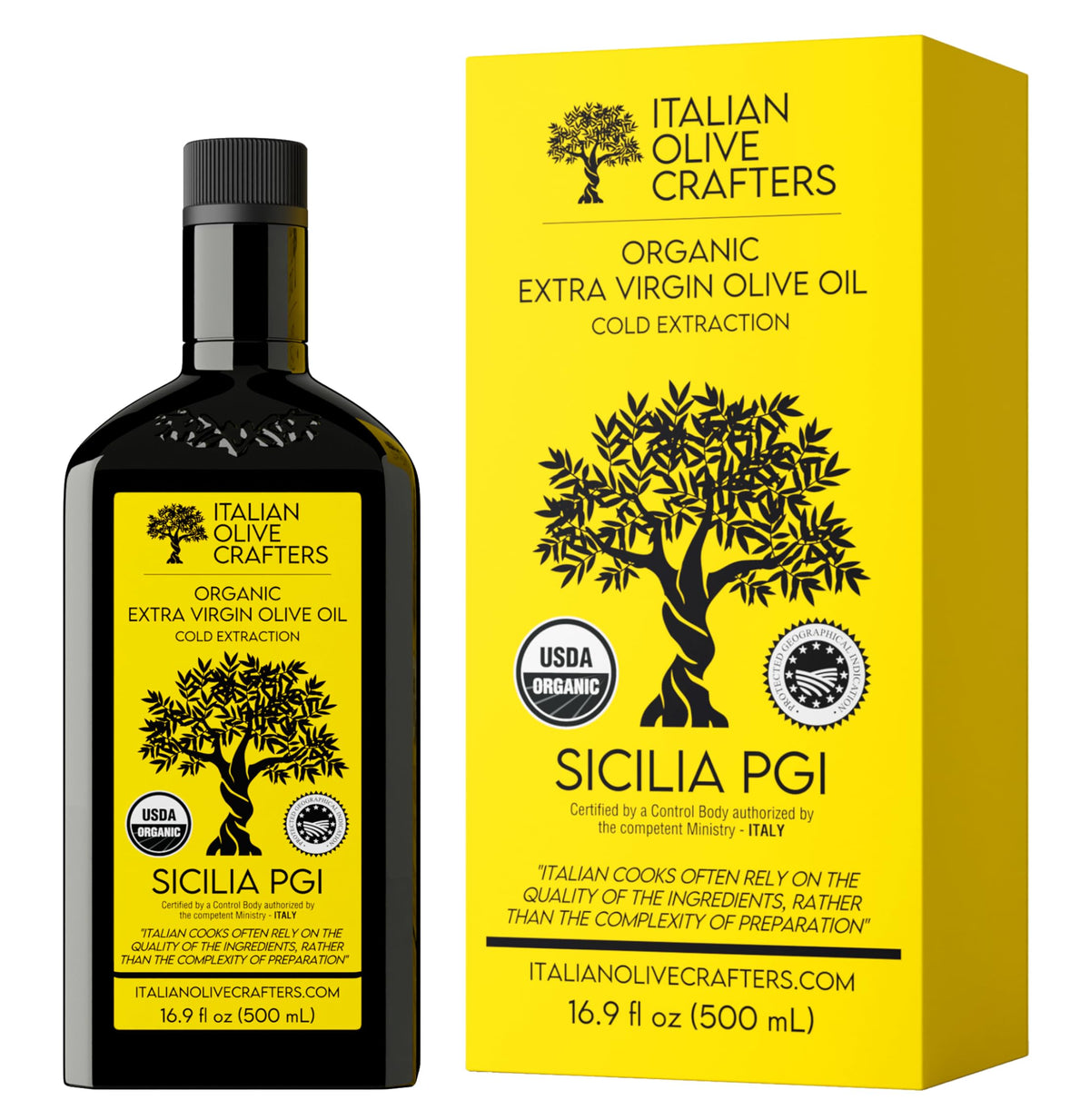 Italian Olive Crafters botella frontal mostrando etiqueta y vidrio protector