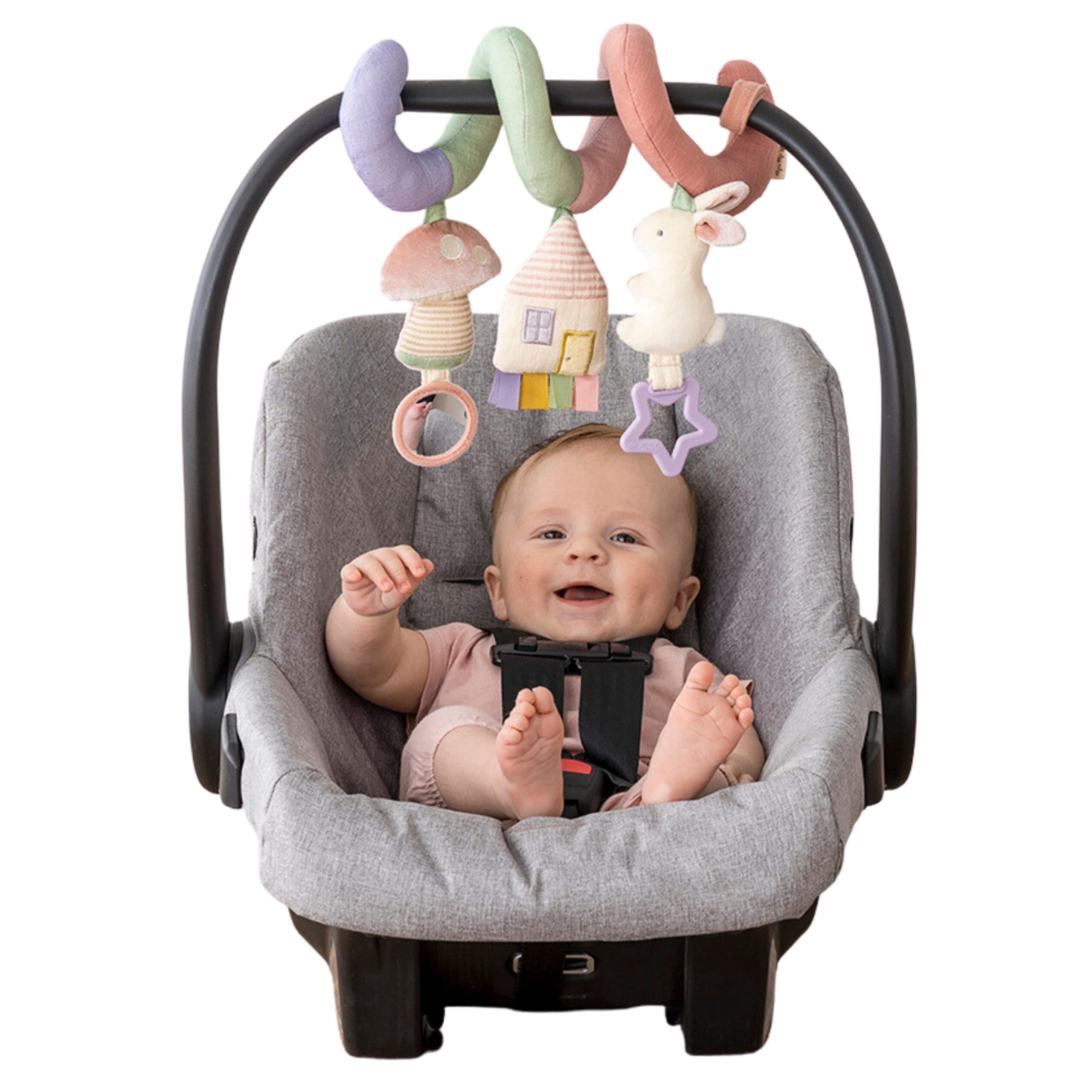 Itzy Ritzy spiral front view showing pastel rainbow and soft toys for travel
