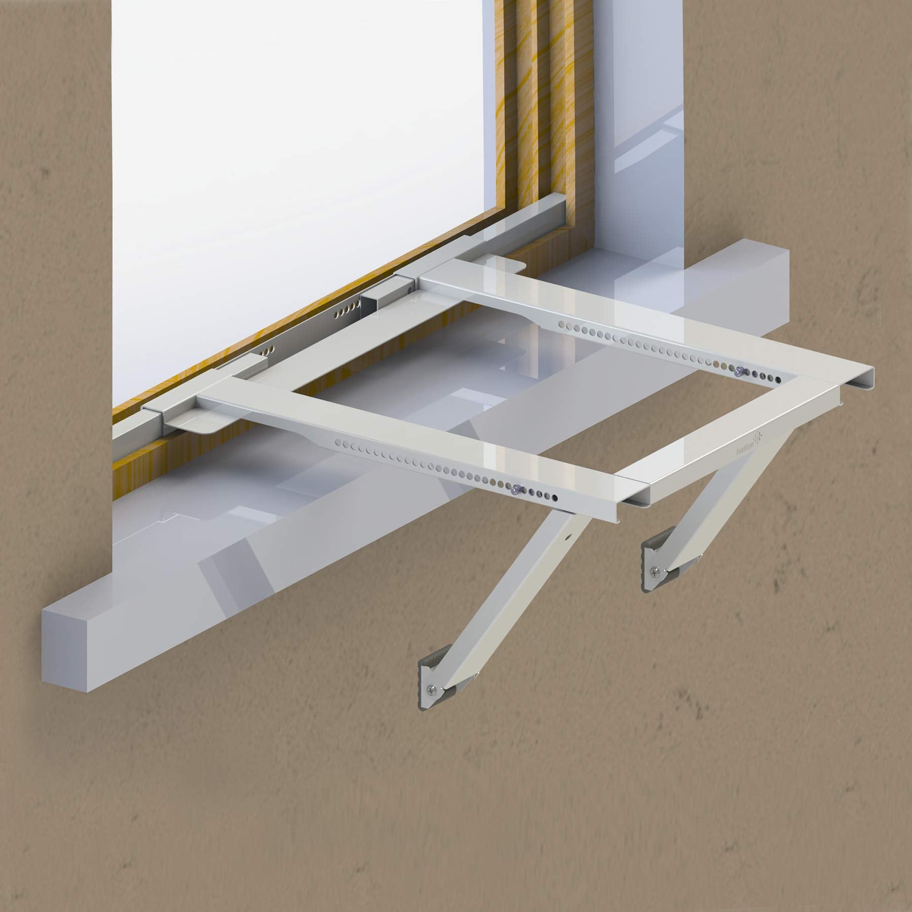Soporte Ivation instalado desde interior sosteniendo una unidad de ventana