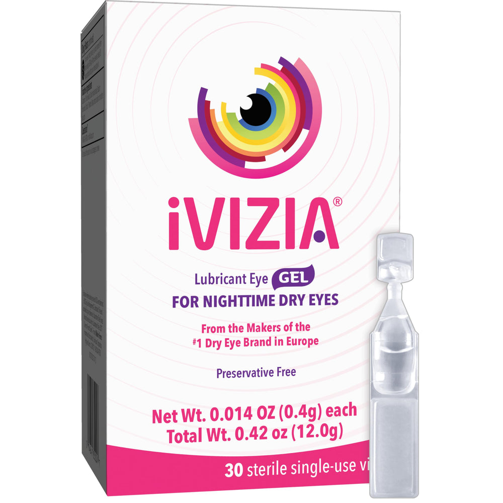 iVIZIA gel lubricante frontal del paquete mostrando 30 viales y facilidad de uso