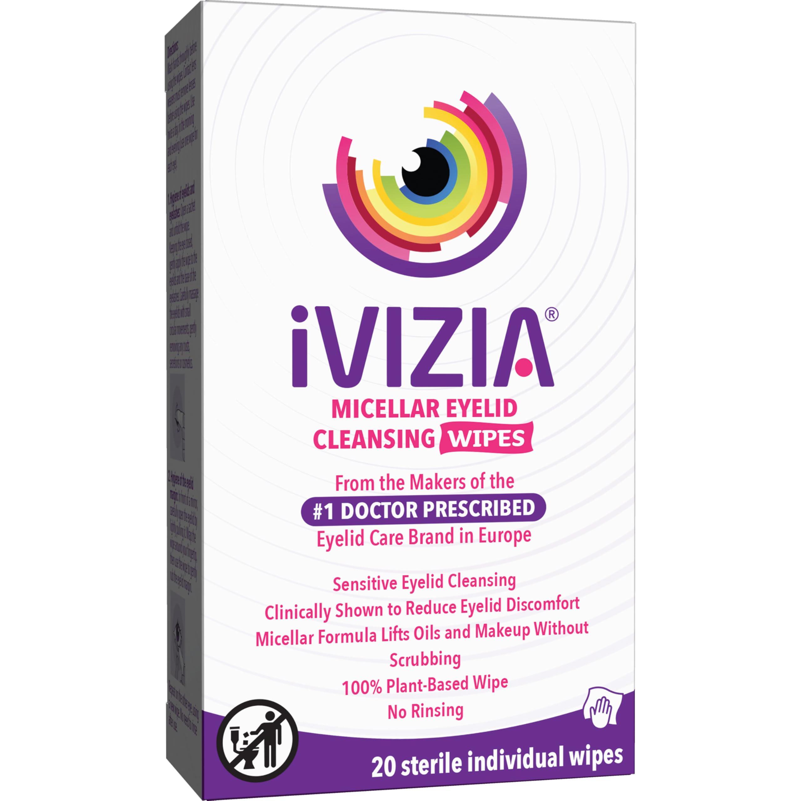 iVIZIA paquete frontal mostrando 20 toallitas estériles para higiene ocular