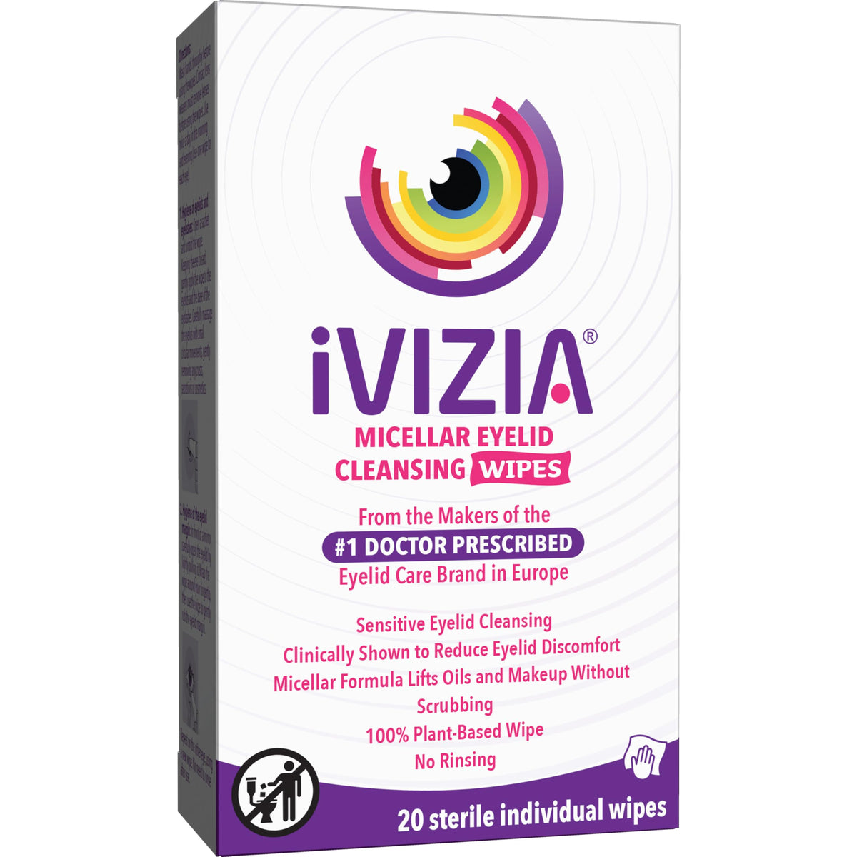 iVIZIA paquete frontal mostrando 20 toallitas estériles para higiene ocular