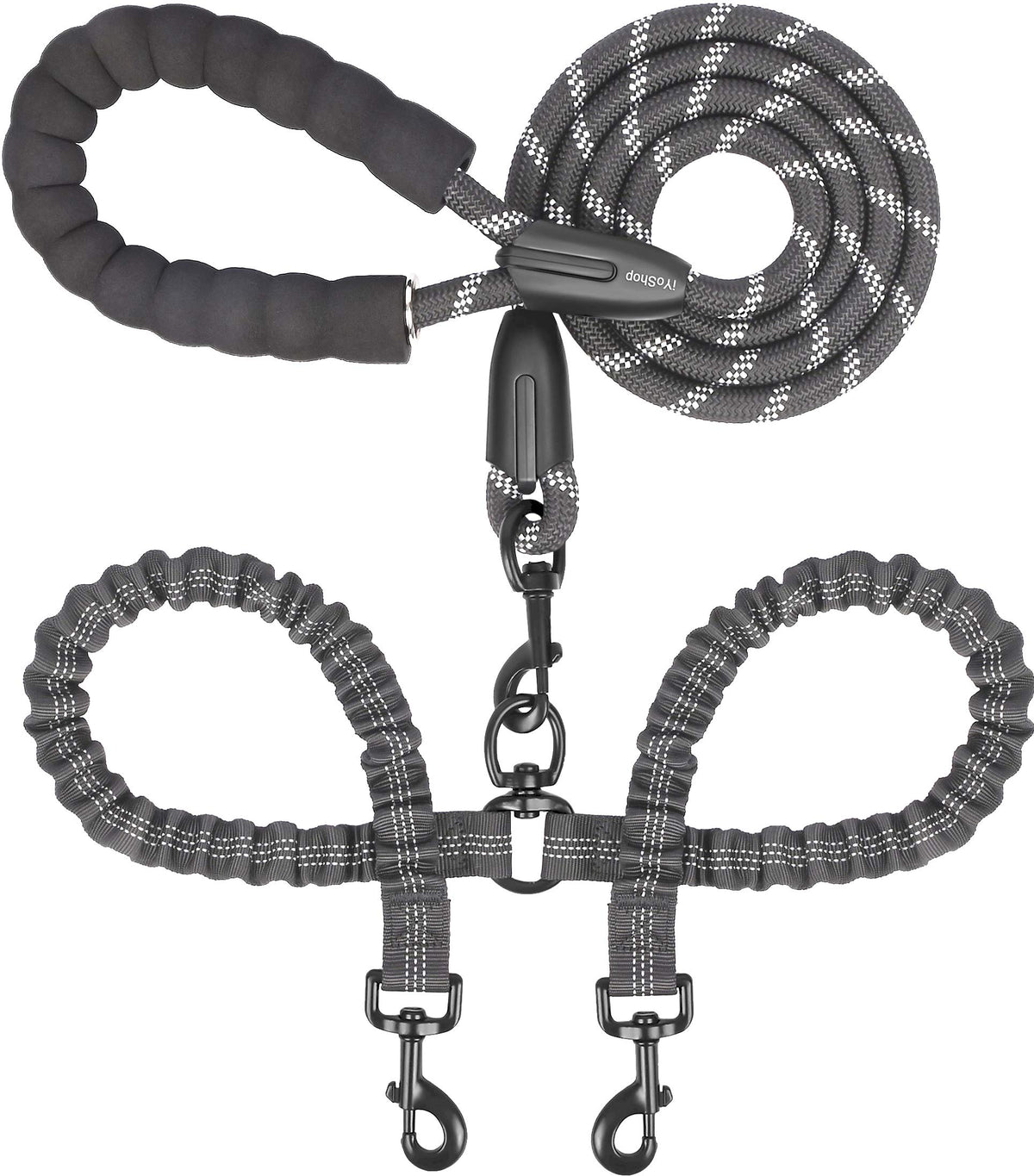 iYoShop correa doble frontal mostrando longitud y color negro, ideal para paseos cómodos