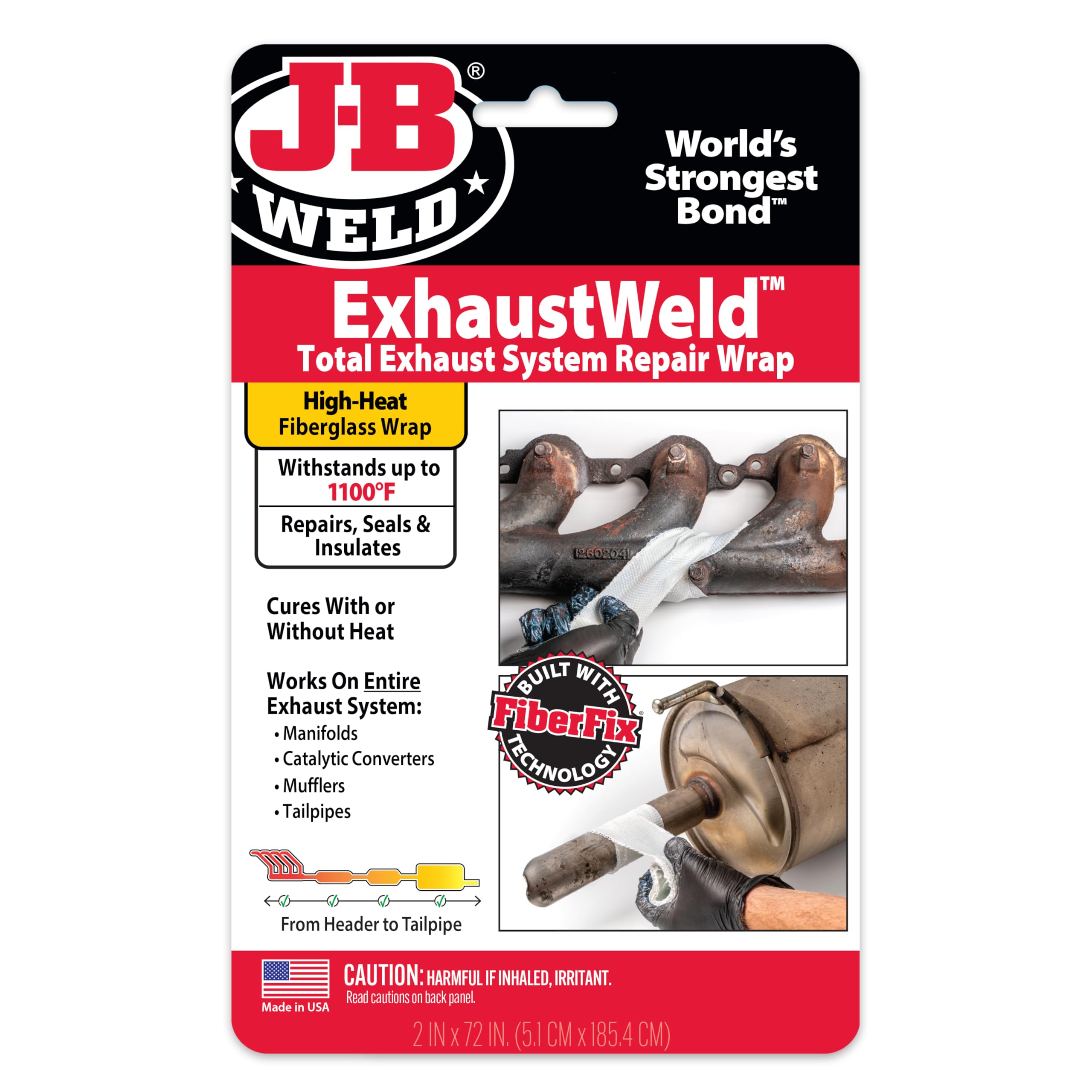 J-B Weld envase frontal mostrando la cinta blanca y dimensiones 2x72 pulgadas, solución resistente