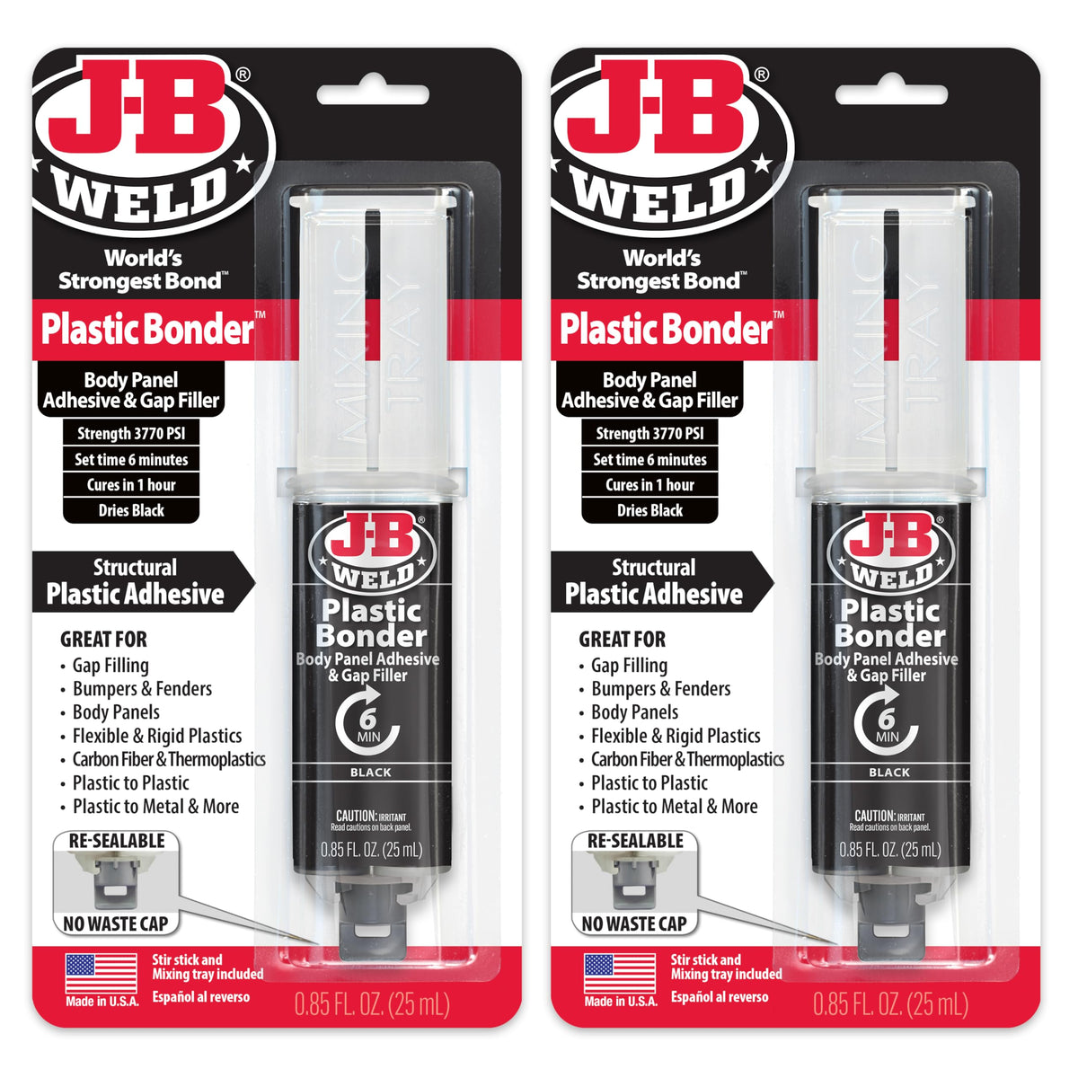 J-B Weld jeringa frontal mostrando el diseño y facilidad de uso
