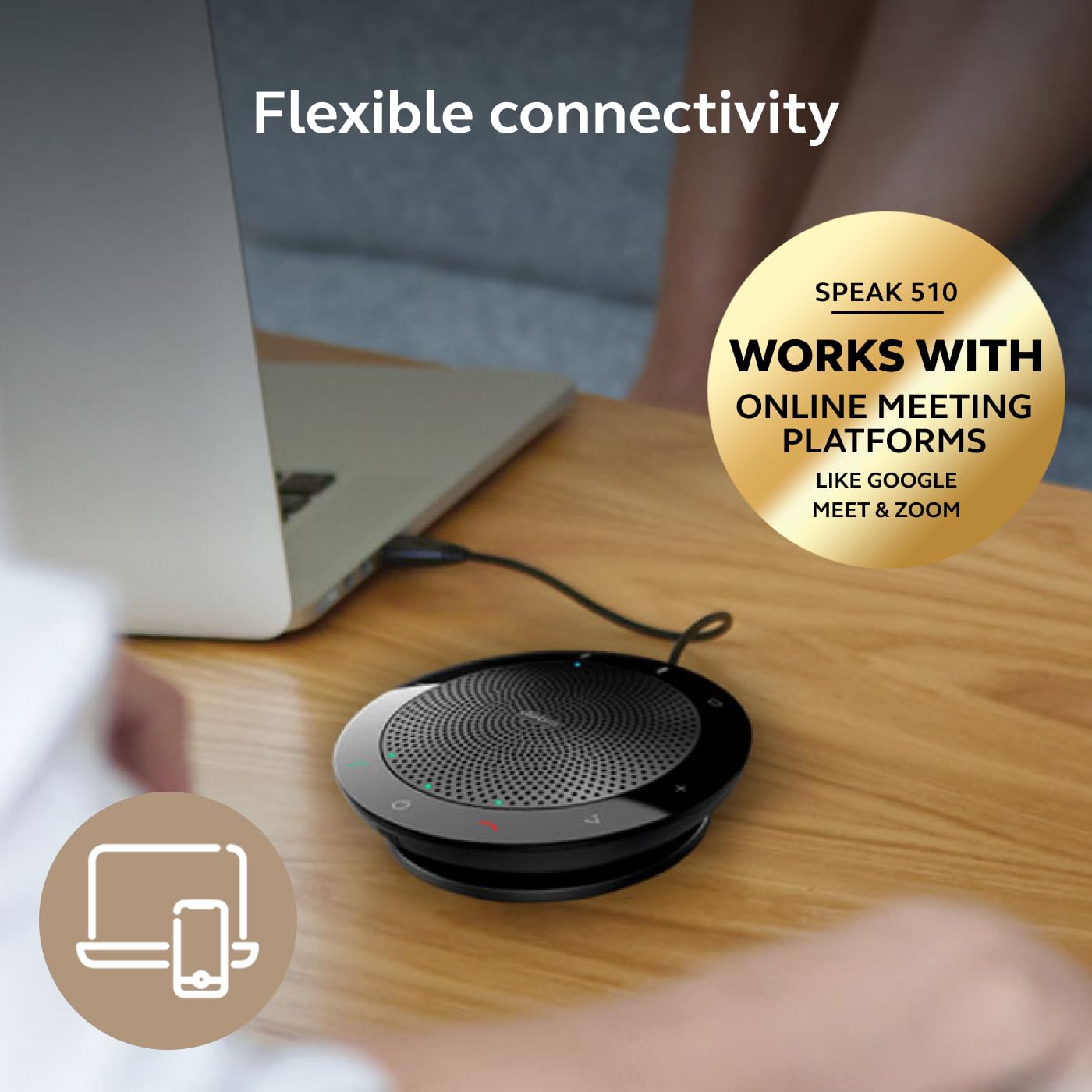 Jabra Speak 510 junto a smartphone para referencia de tamaño portátil