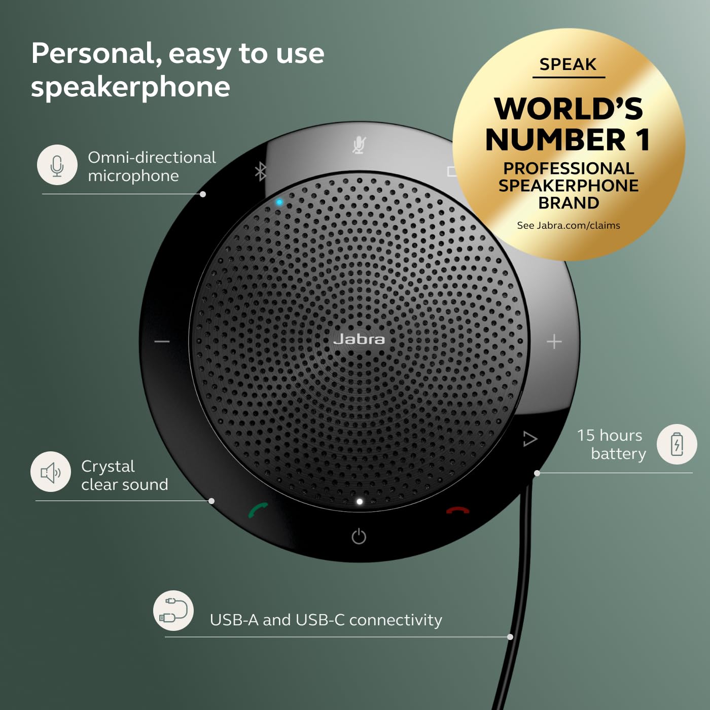 Jabra Speak 510 lateral con puerto USB para conexión estable y simple
