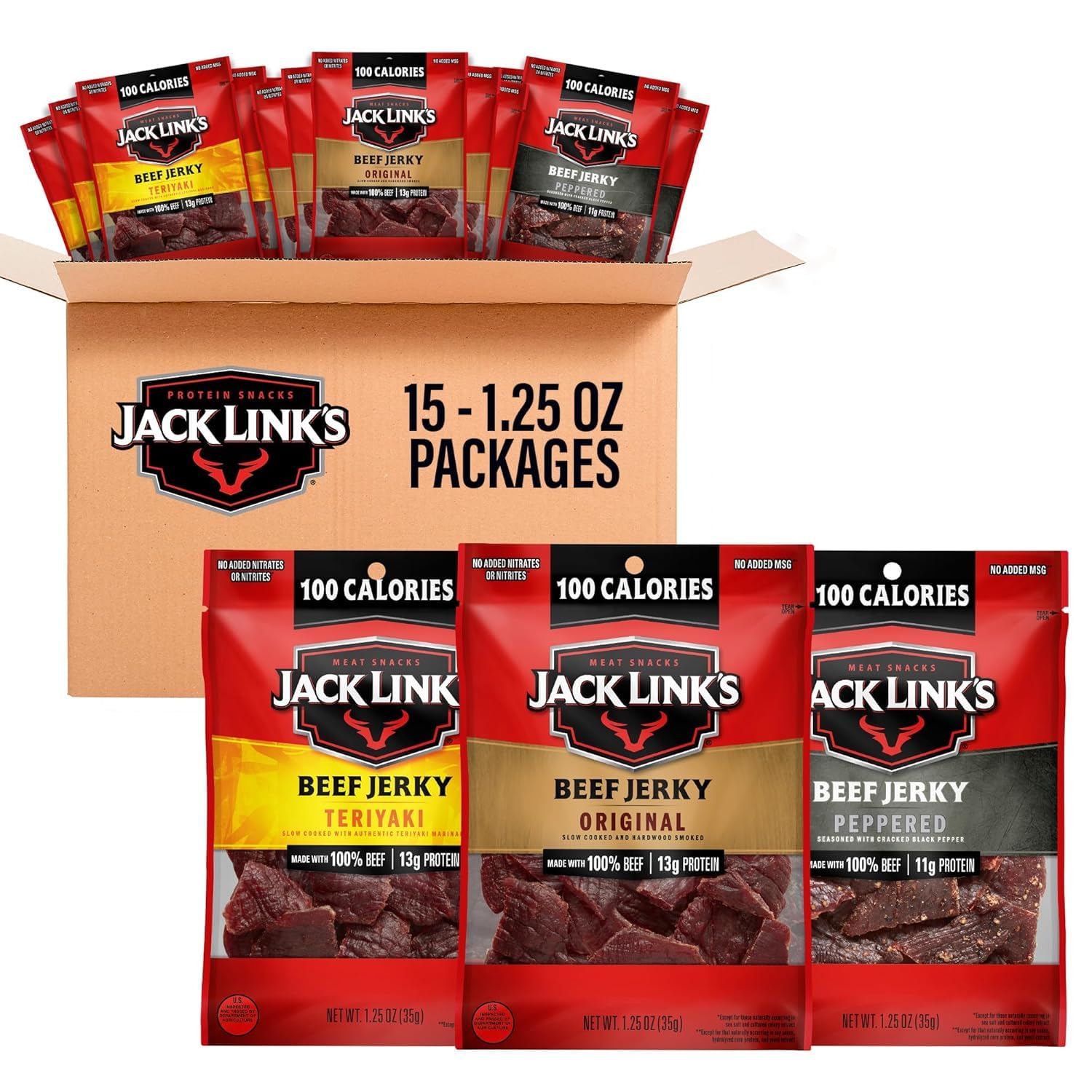 Jack Link's frente del empaque mostrando variedad y conveniencia
