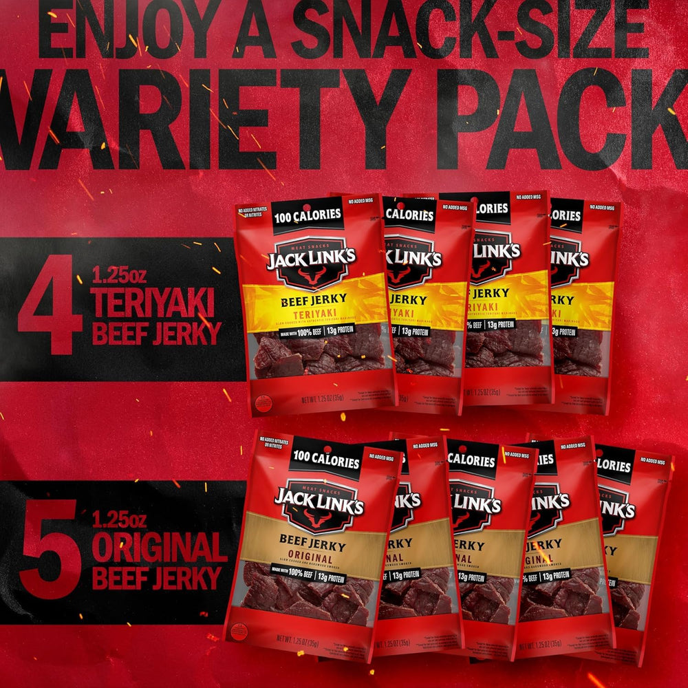 Jack Link's hand holding a single-serve bag emphasizing portable protein