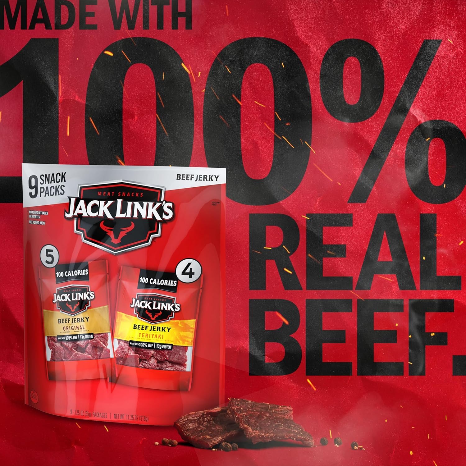 Jack Link's close-up jerky strip showing tender texture and smoky finish