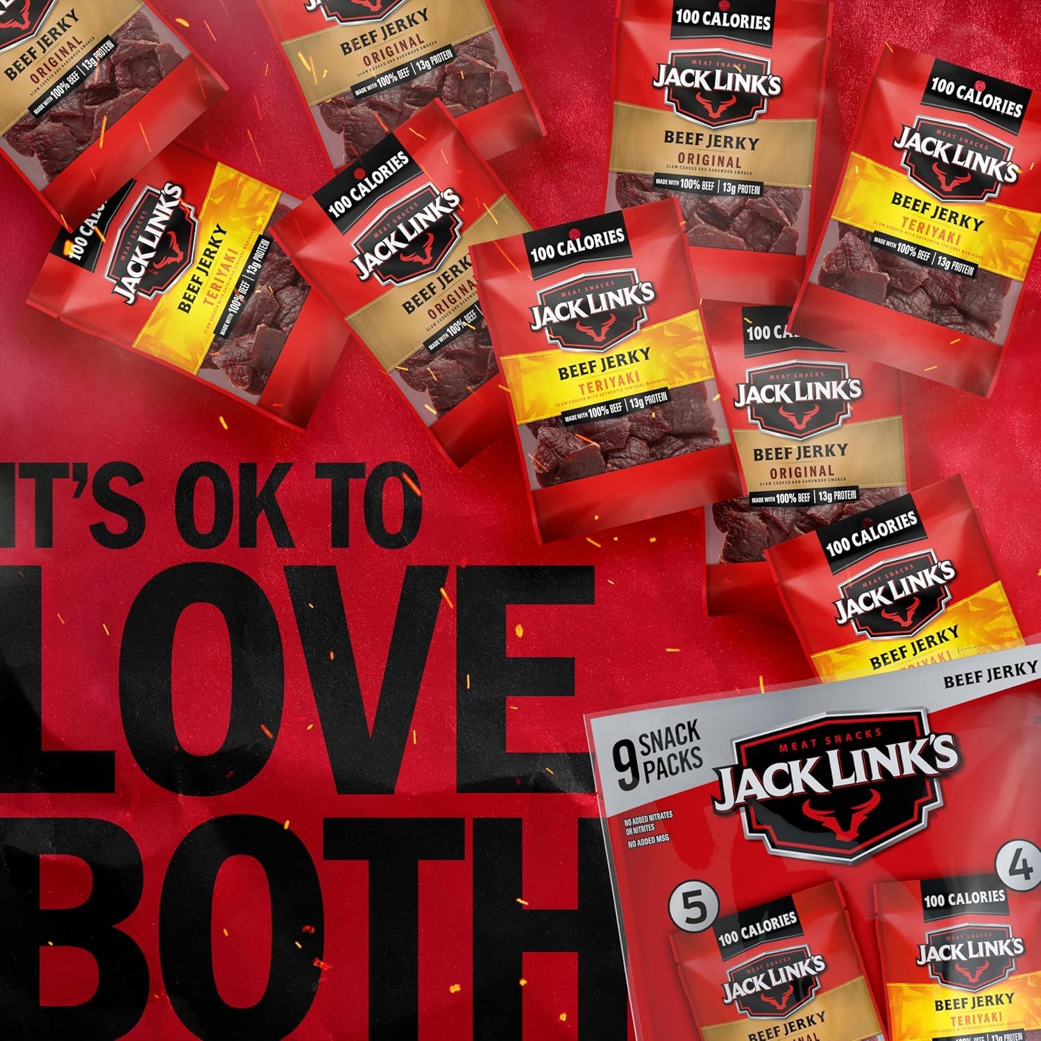 Jack Link's open pouch spilling jerky illustrating ready-to-eat convenience