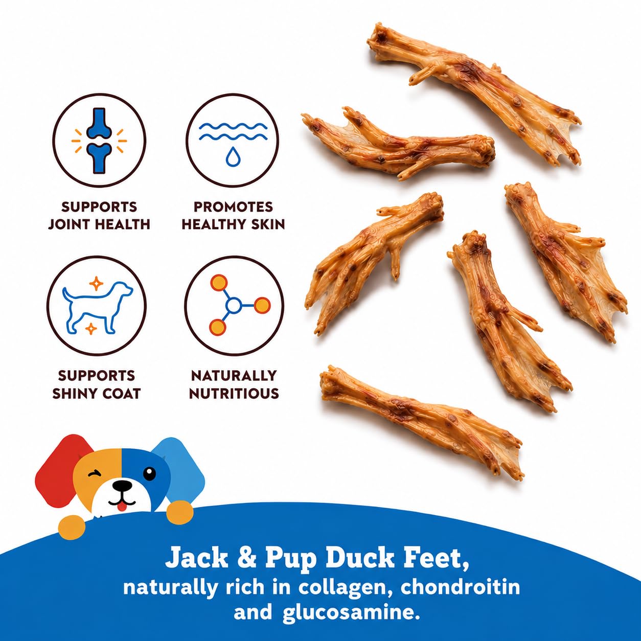 Jack&Pup pata de pato aislada sobre fondo claro, snack 100% natural