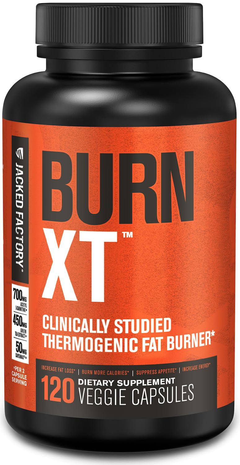 Jacked Factory Burn-XT vista frontal mostrando el envase y beneficios en etiqueta