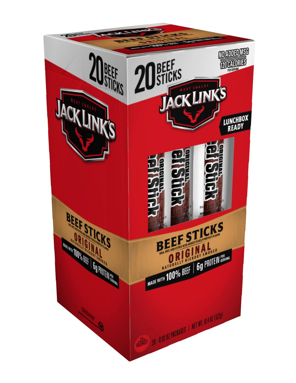 Jack Link's vista frontal del paquete mostrando diseño y cantidad 20