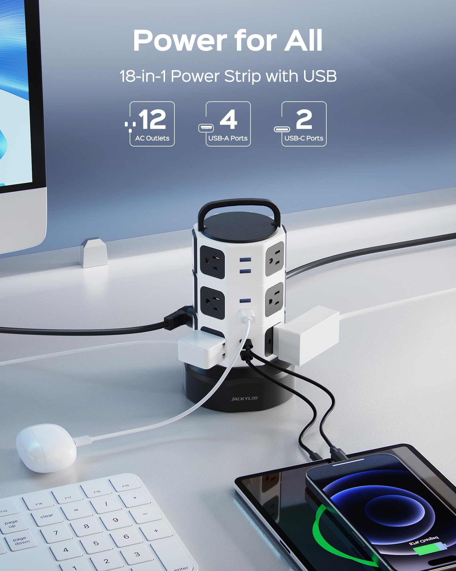 JACKYLED detalle de puertos USB‑C y USB‑A para carga rápida y ordenada