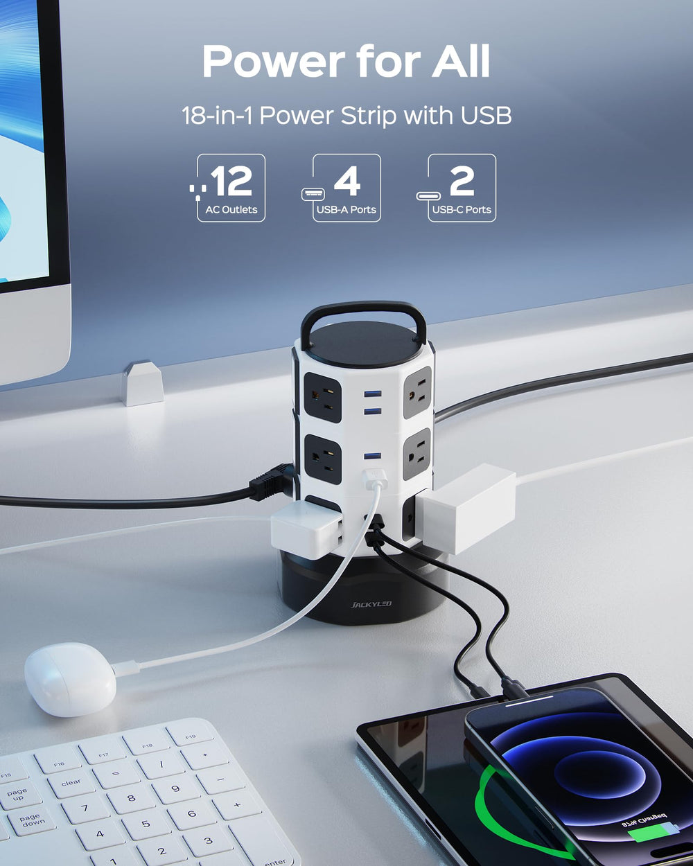 JACKYLED detalle de puertos USB‑C y USB‑A para carga rápida y ordenada