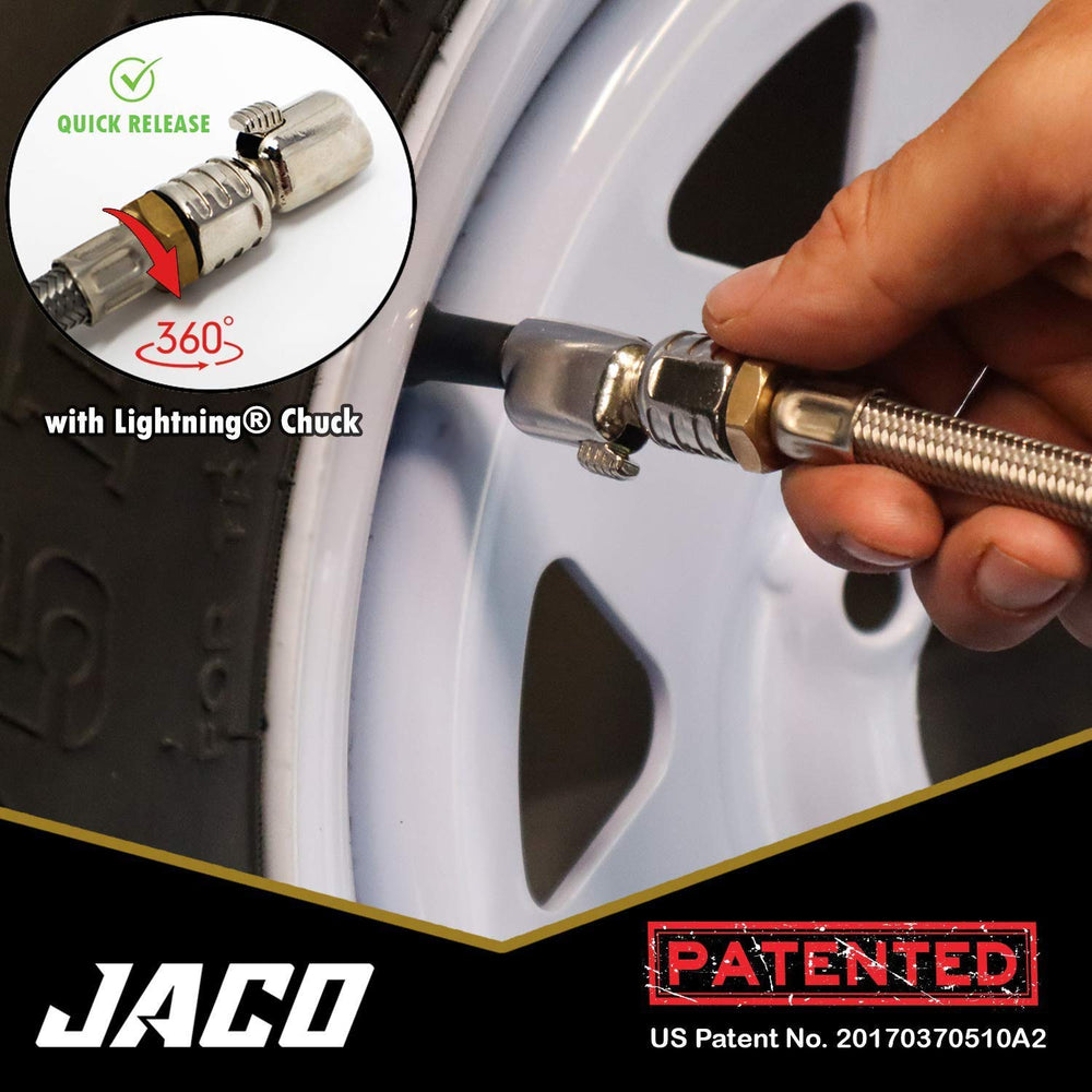 JACO FlowPro en uso inflando neumático de coche demostrando rapidez y control