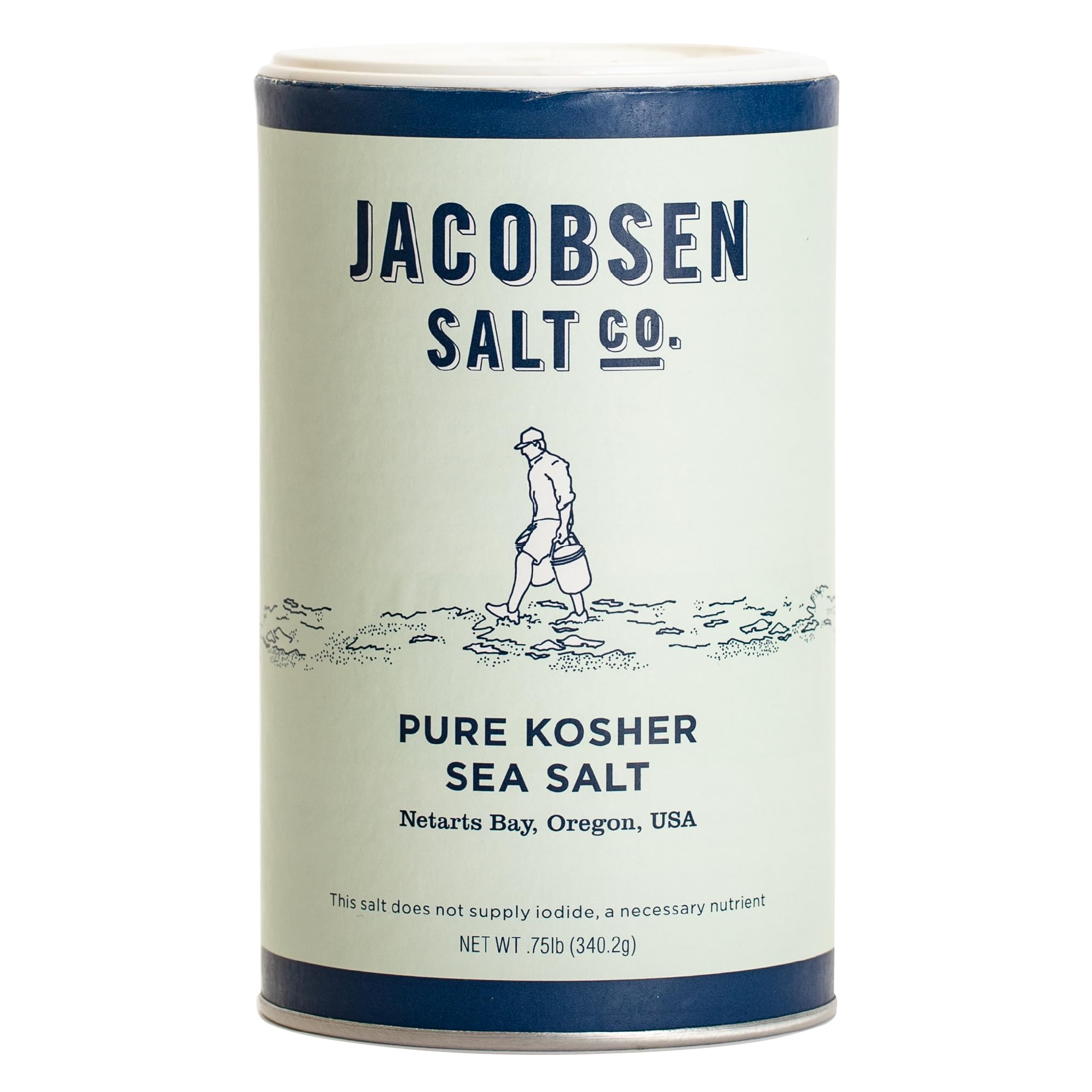 Jacobsen Salt Co. empaque frontal mostrando la sal gruesa y apariencia premium