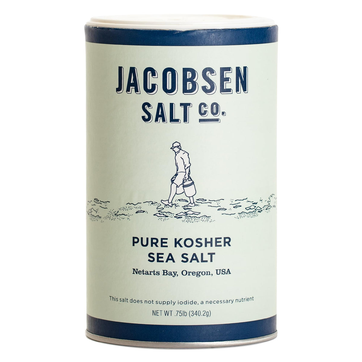 Jacobsen Salt Co. empaque frontal mostrando la sal gruesa y apariencia premium