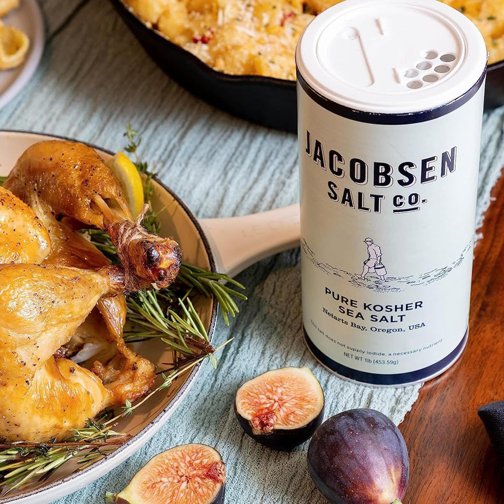 Jacobsen Salt Co. etiqueta con información del origen y pureza para confianza