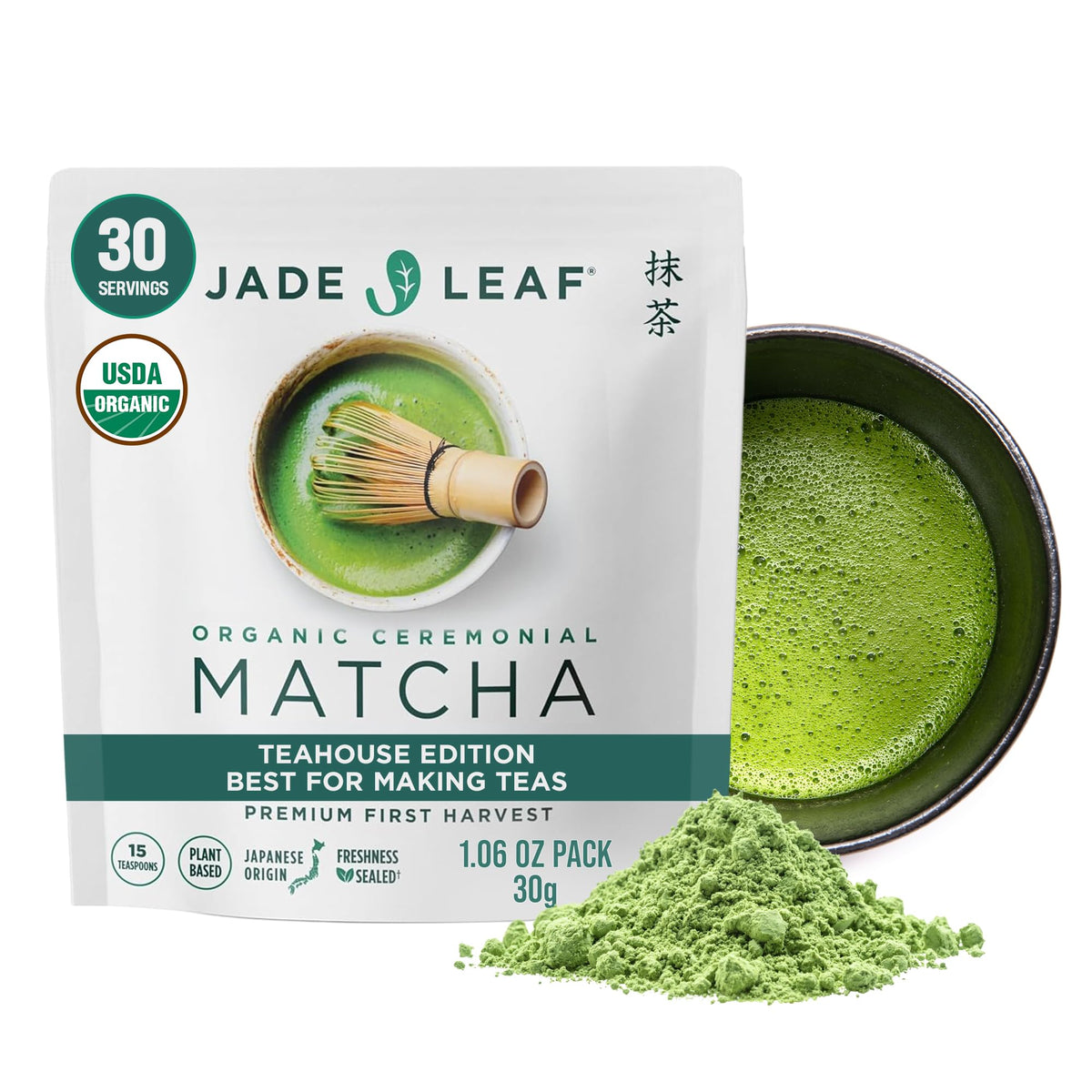 Jade Leaf Matcha vista frontal del empaque beneficios de frescura
