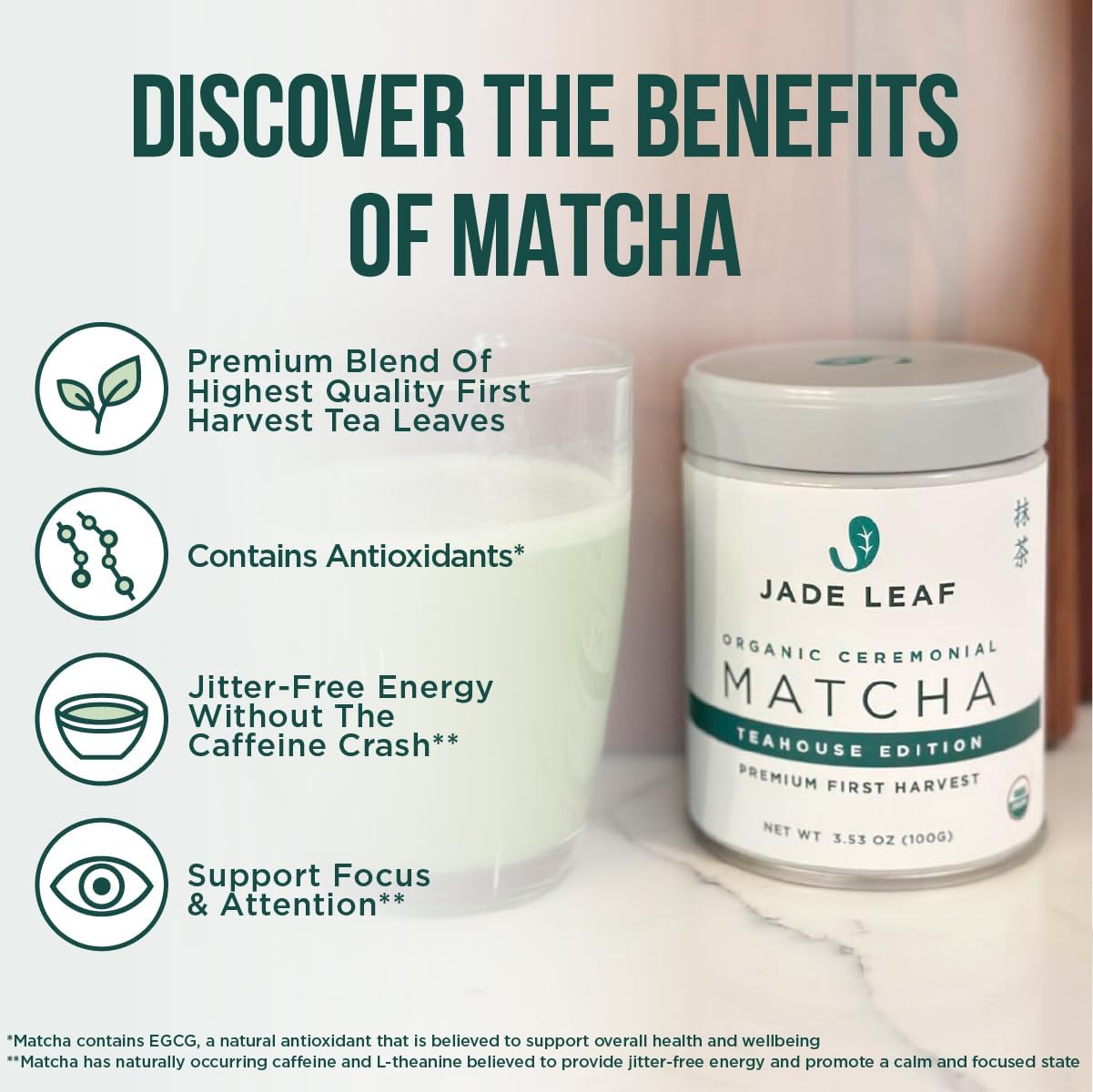 Jade Leaf Matcha bolsa resellable abierta conserva frescura