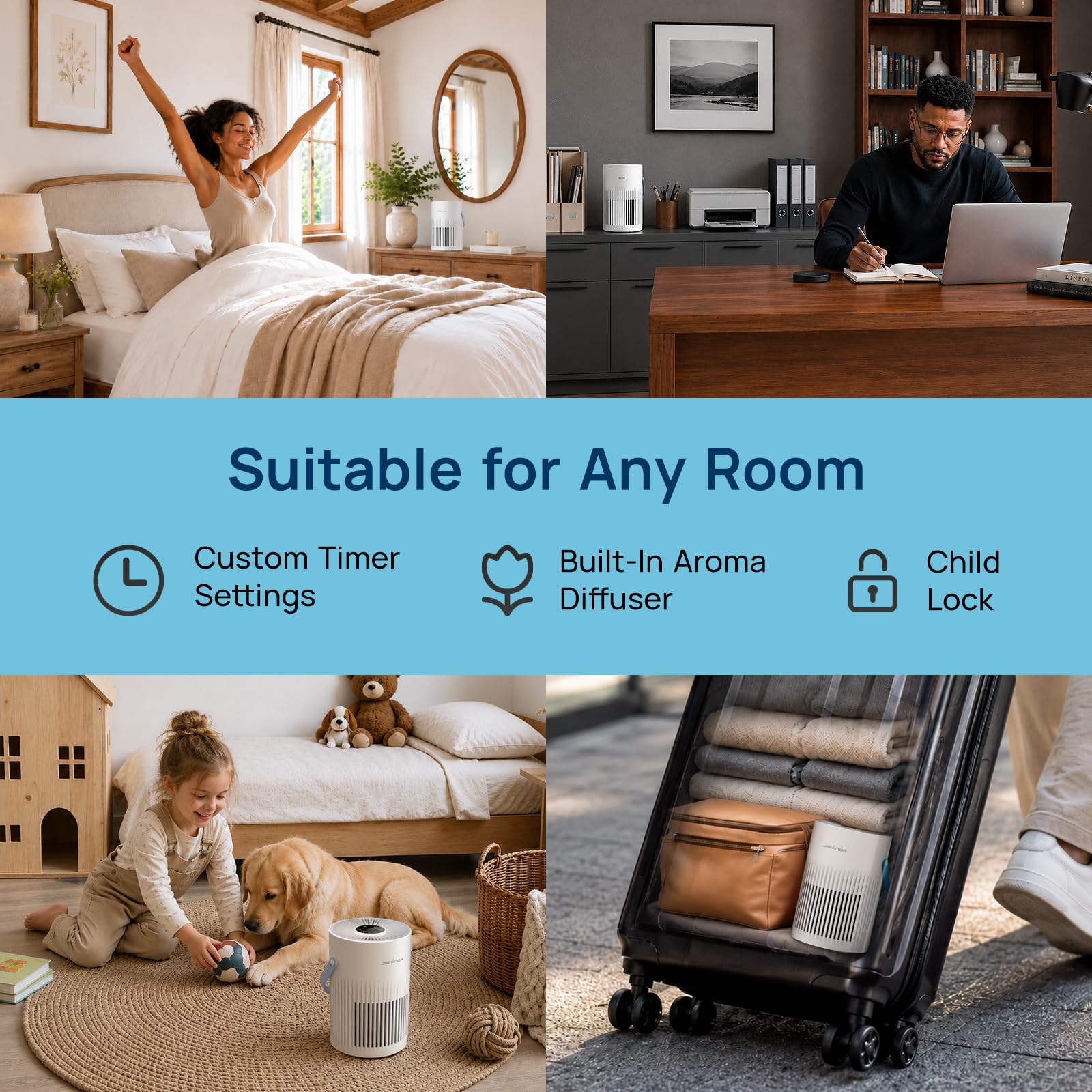 Jafanda Air en dormitorio mostrando uso real y ambiente limpio y silencioso