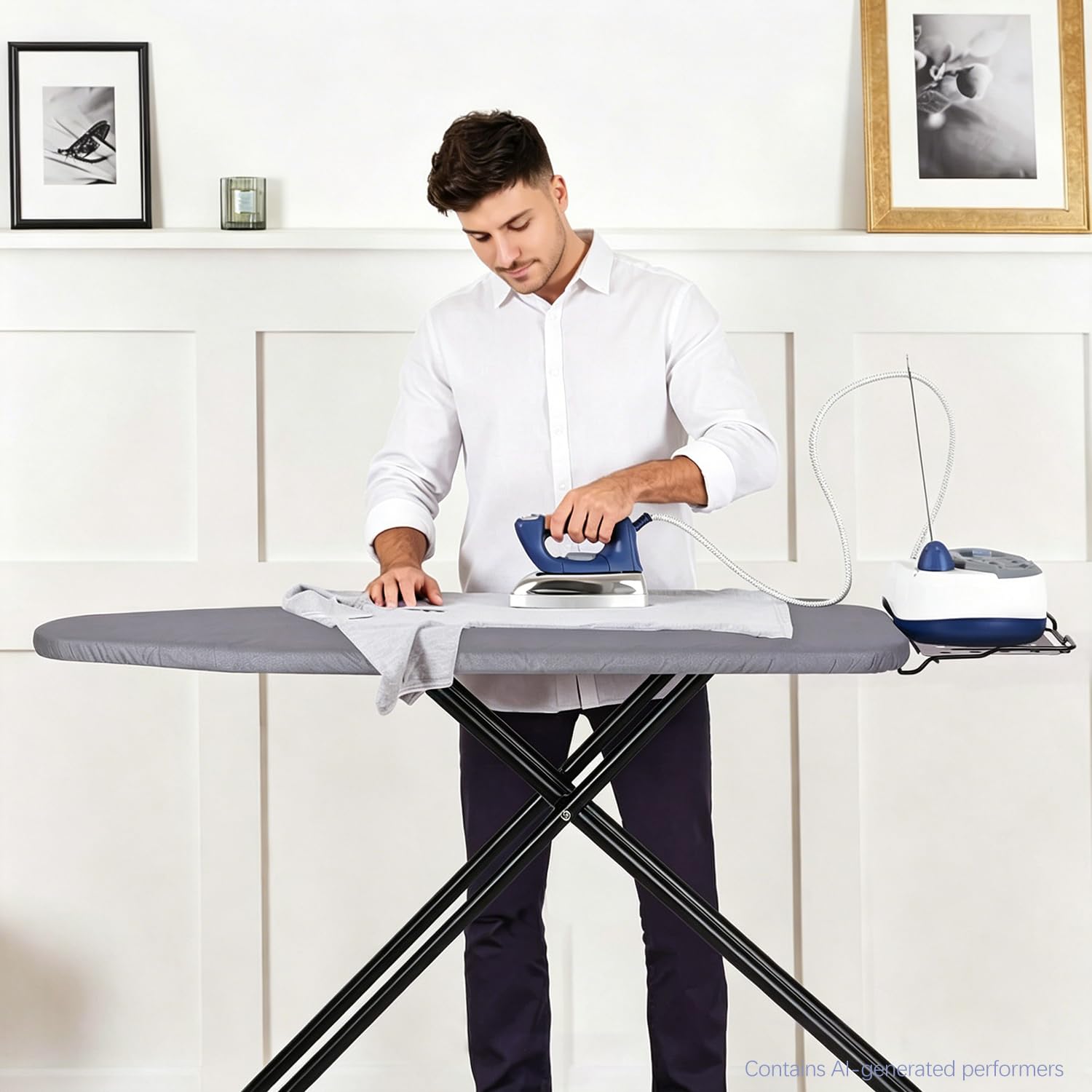Jakeefud tabla en uso planchando una camisa, ergonomía y área amplia