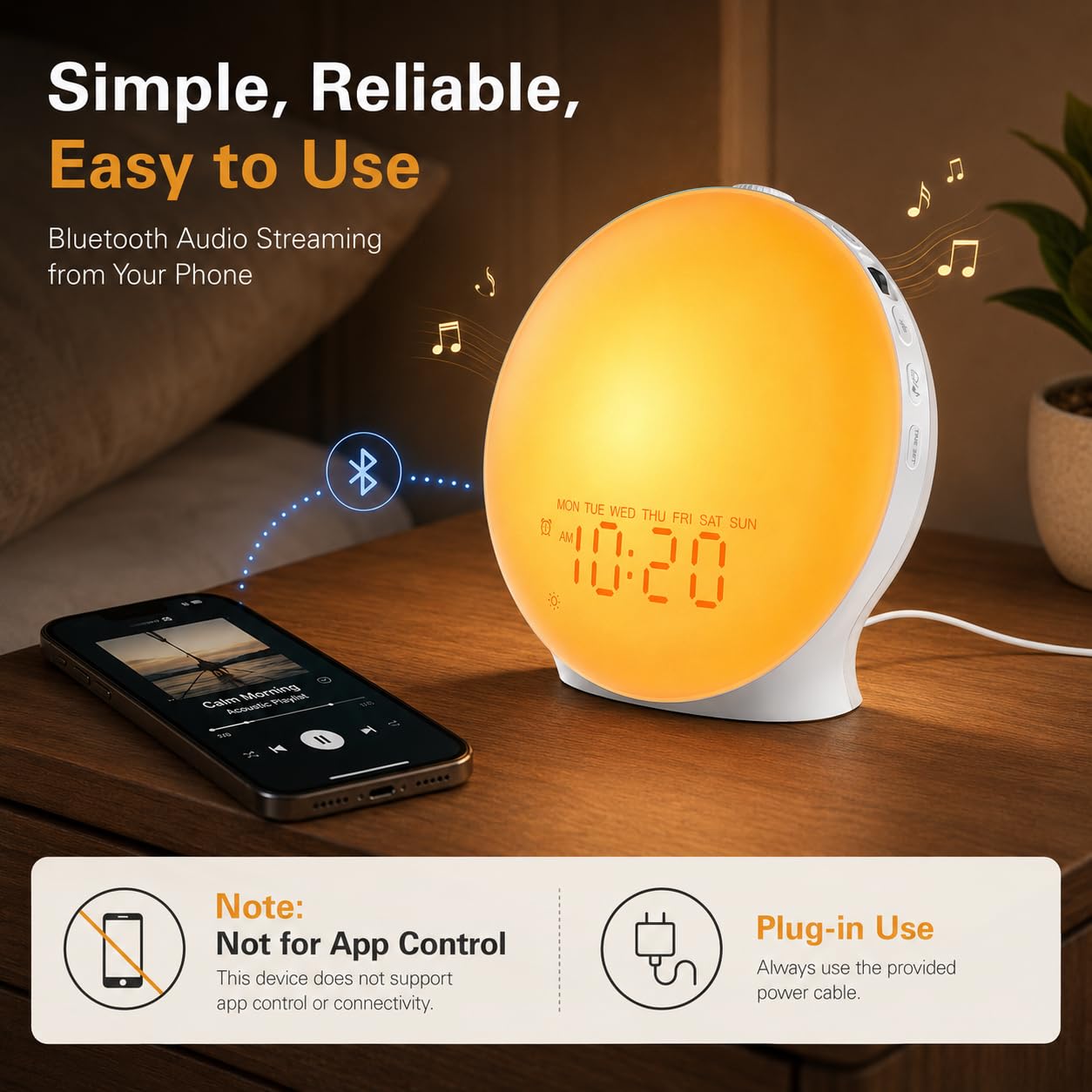 JALL escena de dormitorio con luz y sonido para despertarse suave